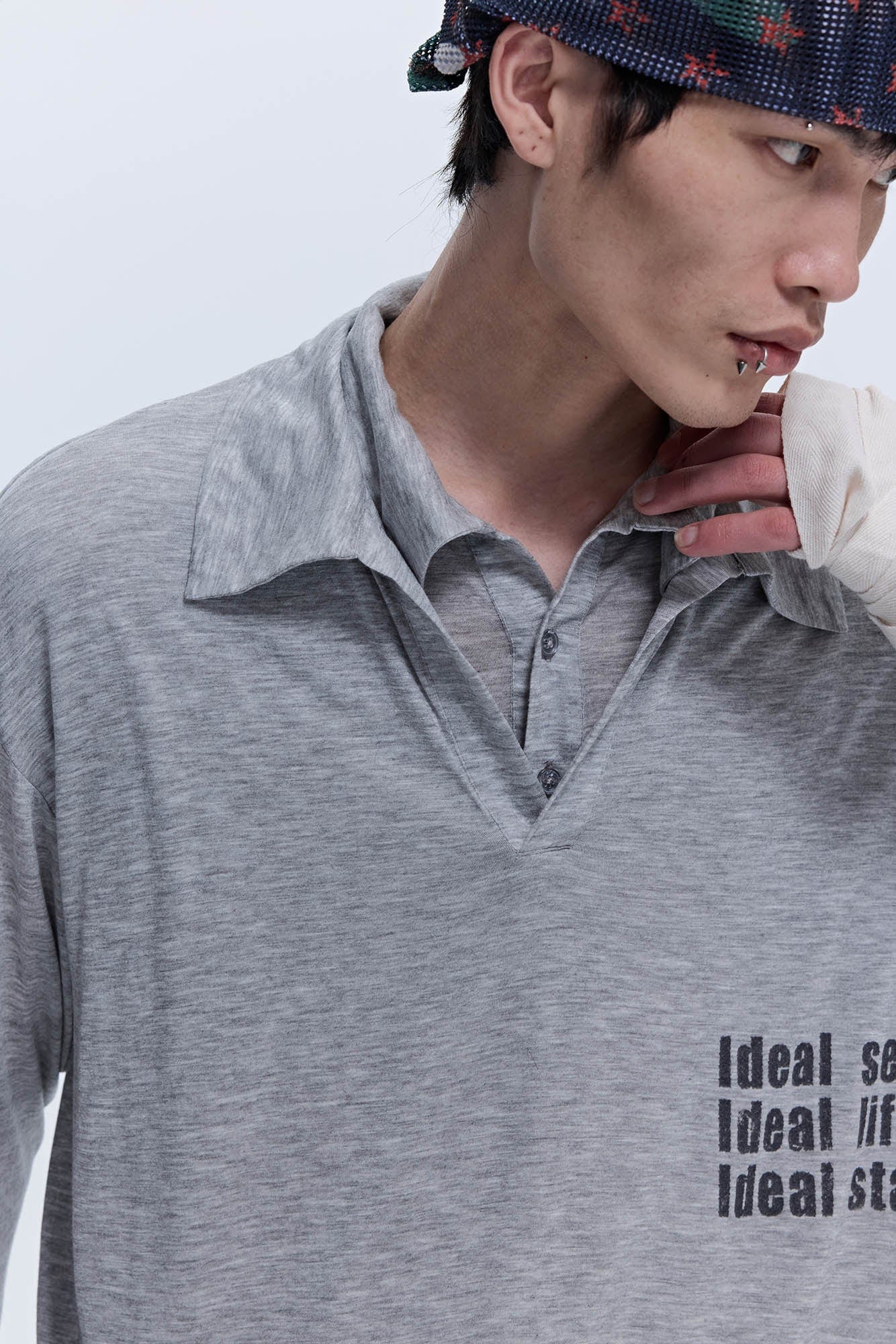 SAVAGEGROWTHWORLD Layered-Collar Slogan Polo Long-Sleeve T-Shirt