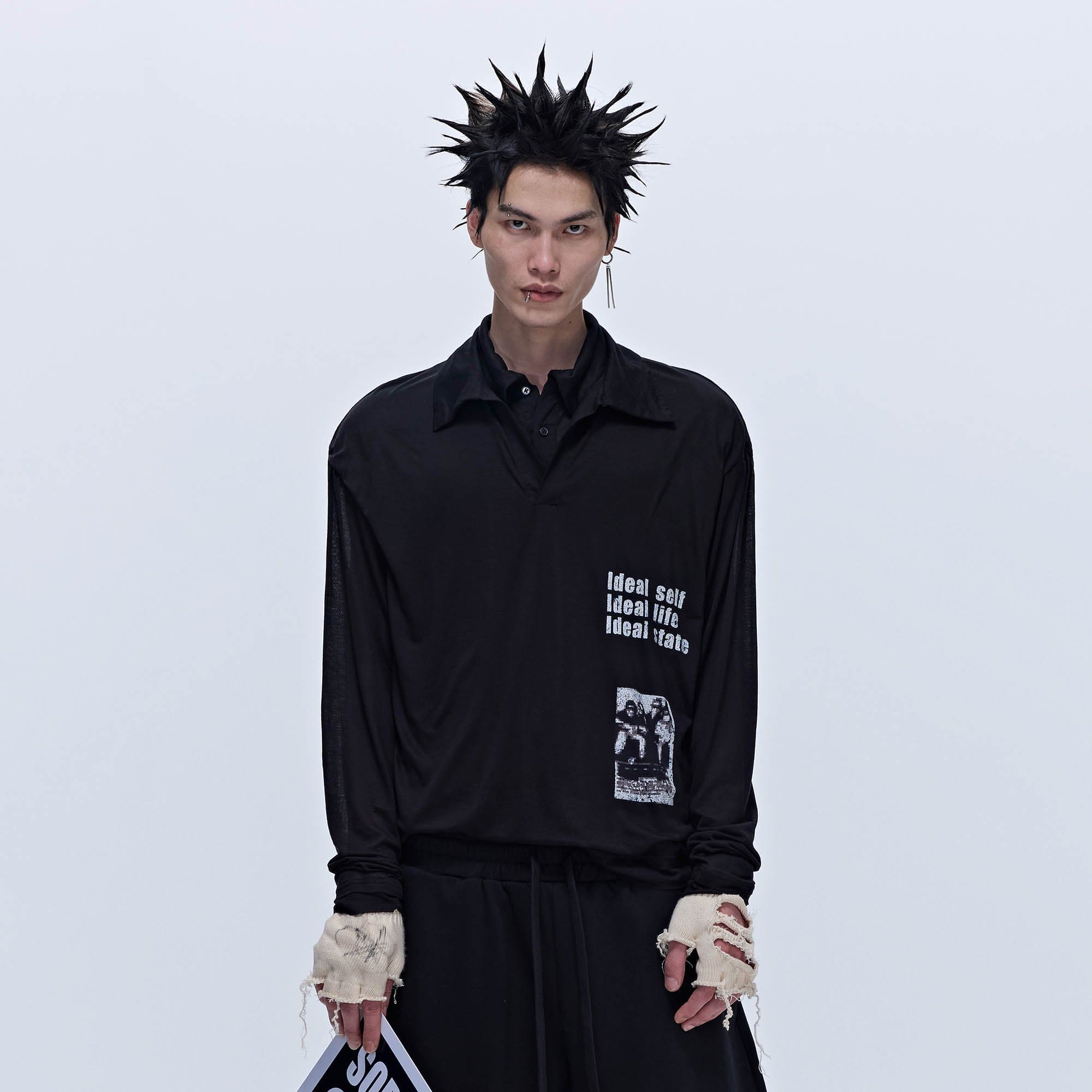SAVAGEGROWTHWORLD Layered-Collar Slogan Polo Long-Sleeve T-Shirt