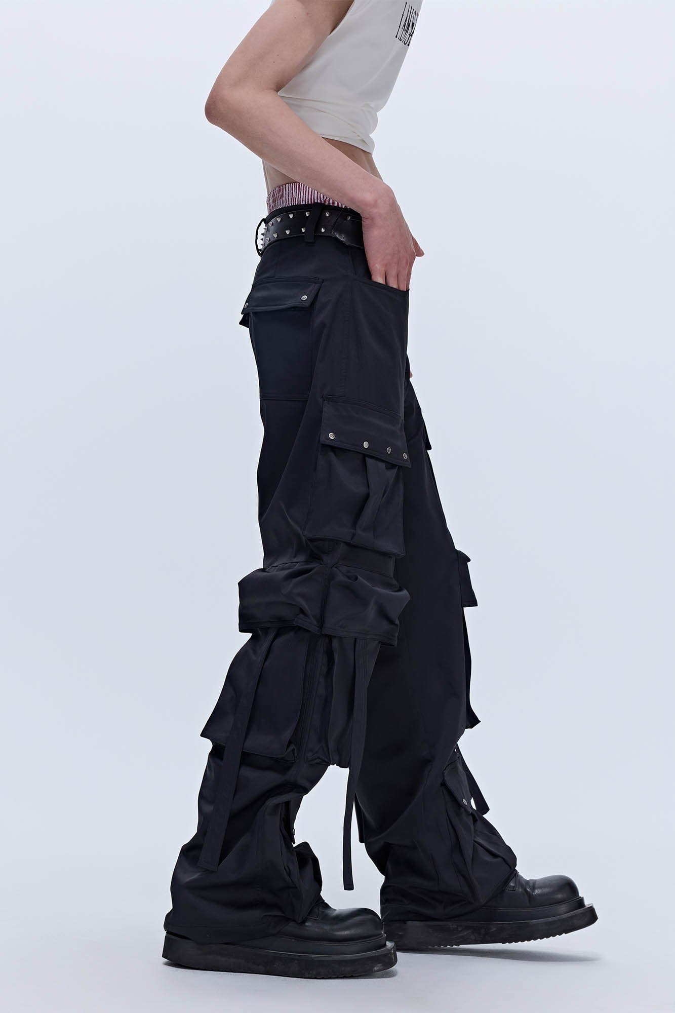 SAVAGEGROWTHWORLD Multi-Pocket Satin Straight-Leg Pants, premium urban and streetwear designers apparel on PROJECTISR.com, SAVAGEGROWTHWORLD