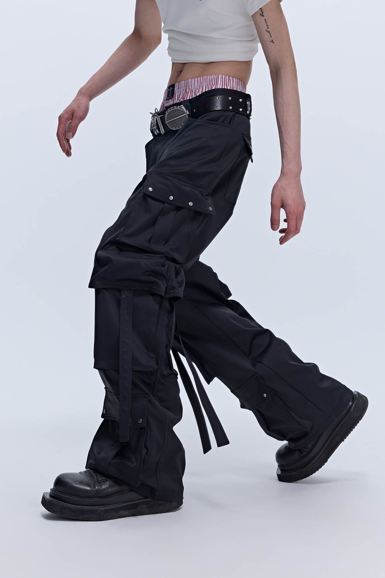 SAVAGEGROWTHWORLD Multi-Pocket Satin Straight-Leg Pants, premium urban and streetwear designers apparel on PROJECTISR.com, SAVAGEGROWTHWORLD