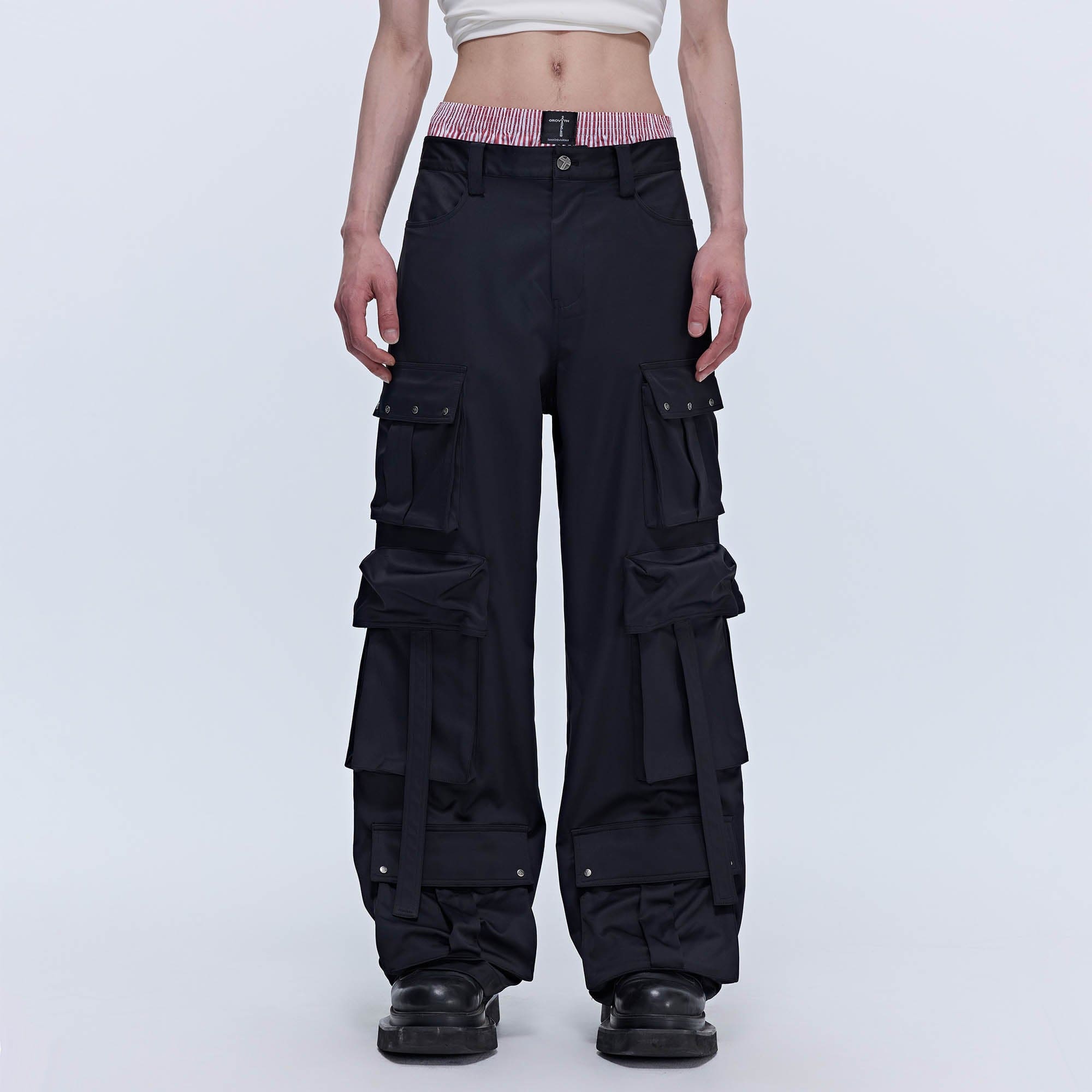 SAVAGEGROWTHWORLD Multi-Pocket Satin Straight-Leg Pants, premium urban and streetwear designers apparel on PROJECTISR.com, SAVAGEGROWTHWORLD