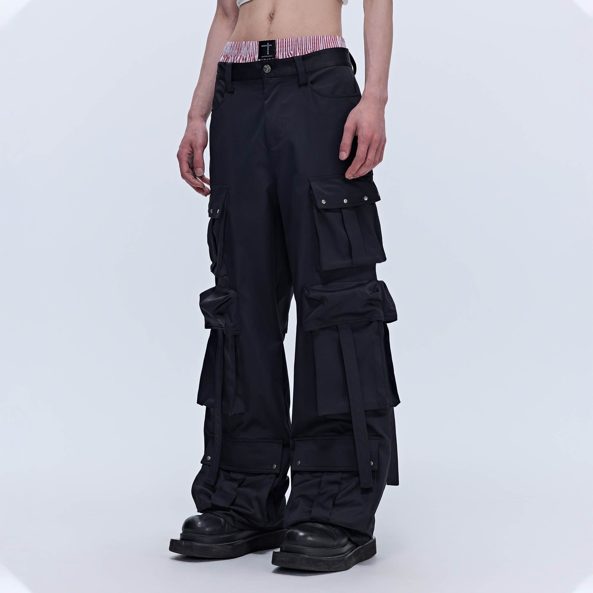 SAVAGEGROWTHWORLD Multi-Pocket Satin Straight-Leg Pants, premium urban and streetwear designers apparel on PROJECTISR.com, SAVAGEGROWTHWORLD