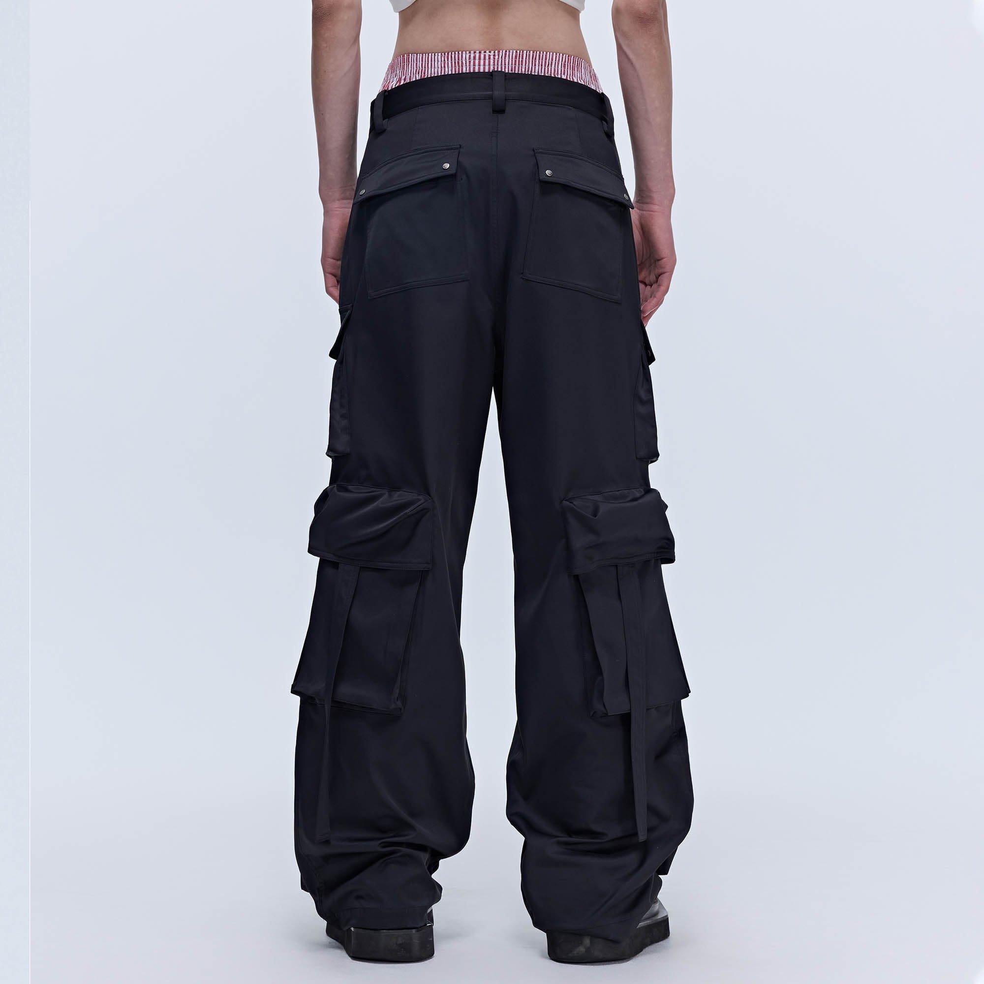 SAVAGEGROWTHWORLD Multi-Pocket Satin Straight-Leg Pants, premium urban and streetwear designers apparel on PROJECTISR.com, SAVAGEGROWTHWORLD