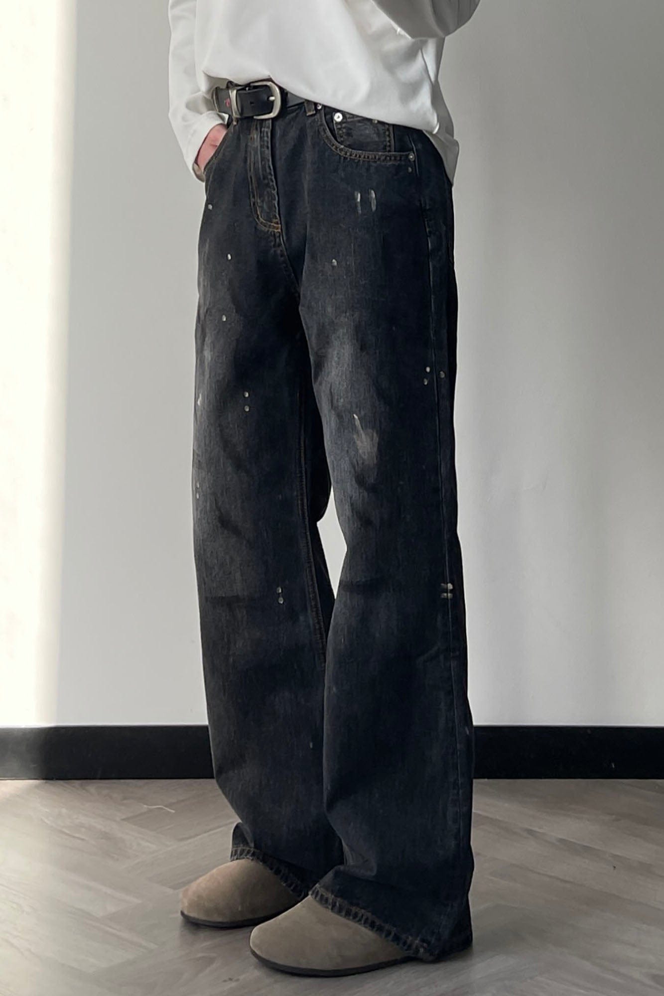 OKAYTHXBYE Paint-Splattered Distressed Jeans