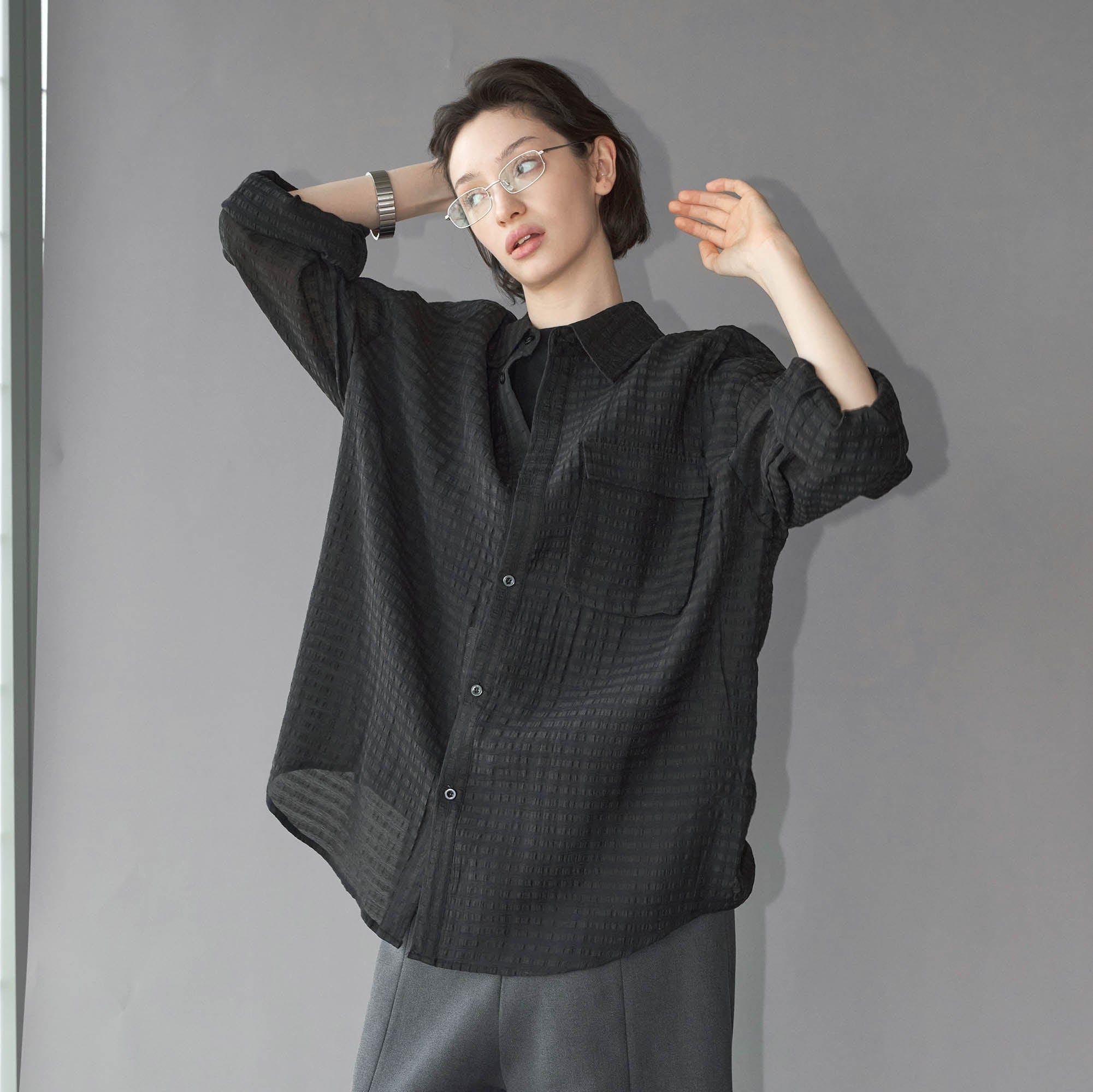 49PERCENT Sheer Textured Grid Oversized Shirt, premium urban and streetwear designers apparel on PROJECTISR.com, 49PERCENT