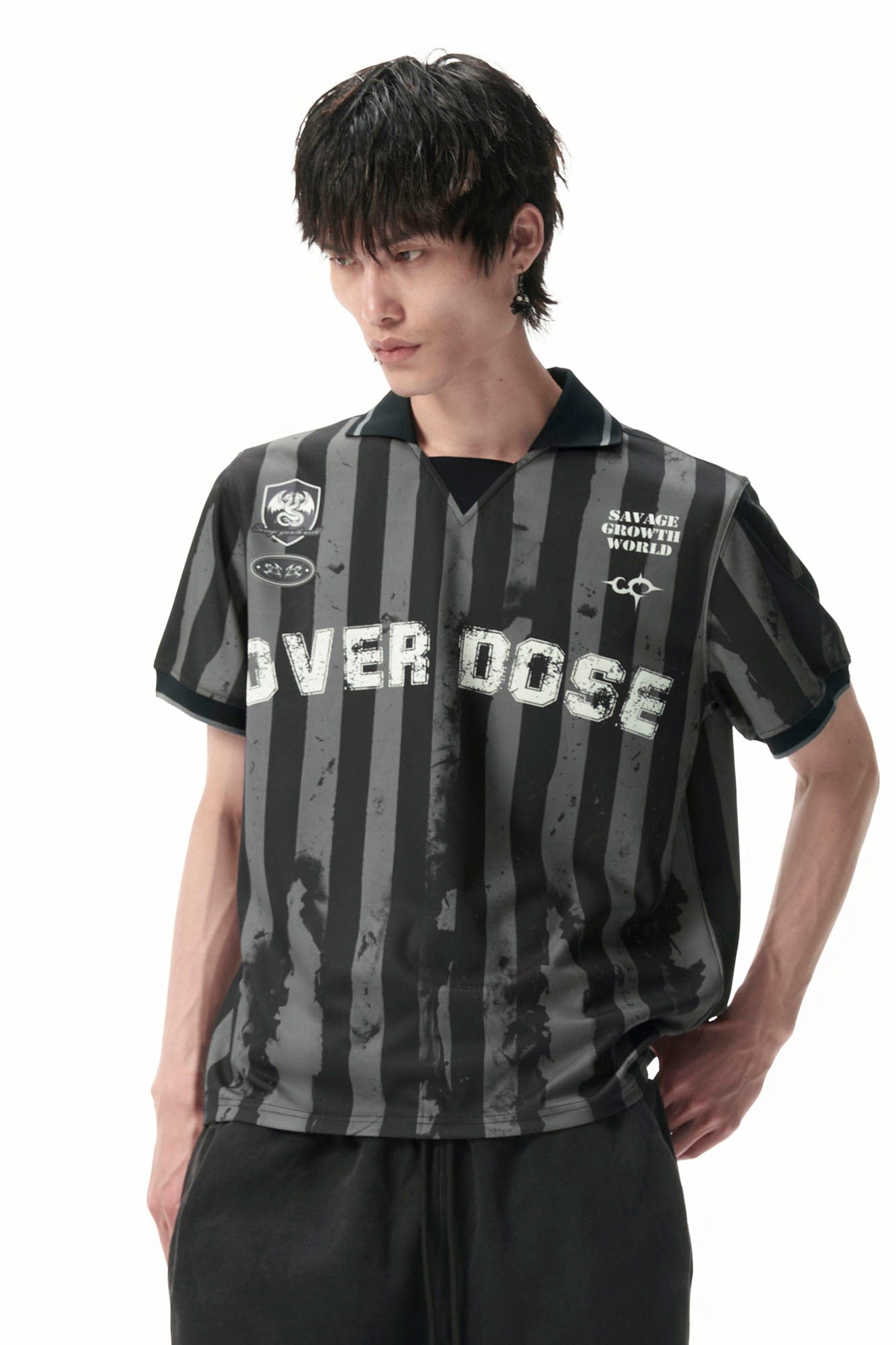 SAVAGEGROWTHWORLD OVERDOSE Distressed Striped Jersey, premium urban and streetwear designers apparel on PROJECTISR.com, SAVAGEGROWTHWORLD
