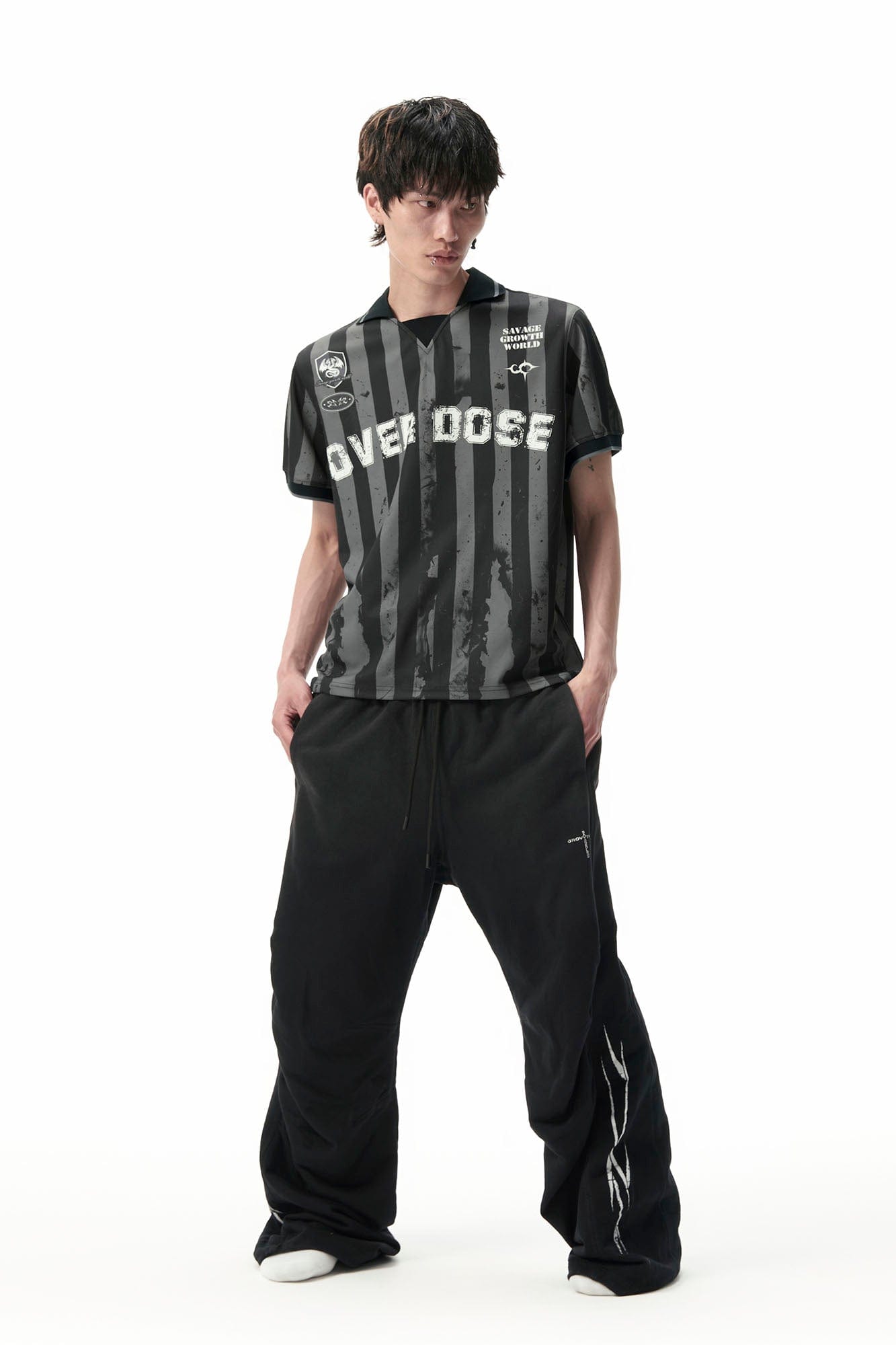 SAVAGEGROWTHWORLD OVERDOSE Distressed Striped Jersey, premium urban and streetwear designers apparel on PROJECTISR.com, SAVAGEGROWTHWORLD