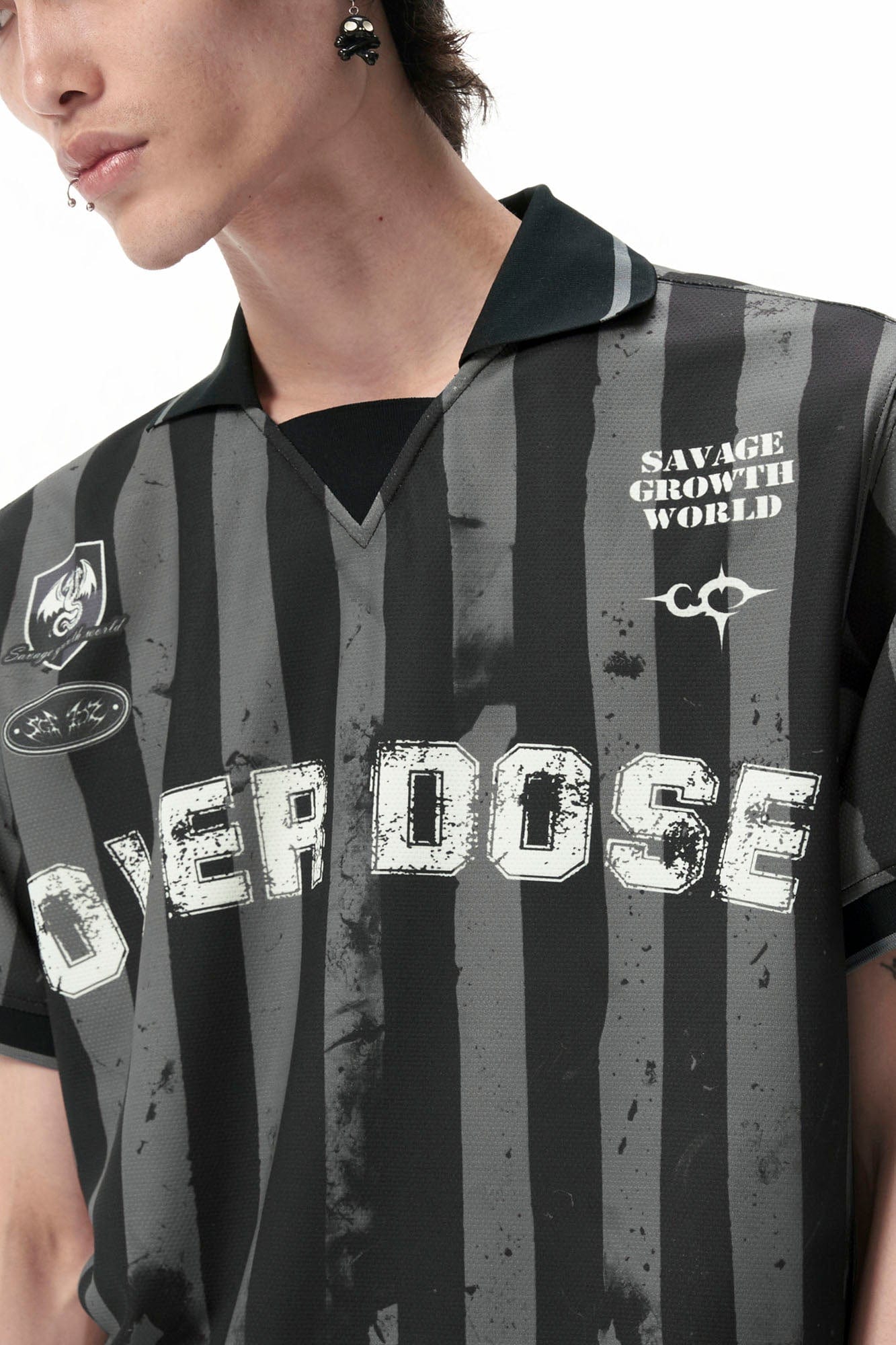 SAVAGEGROWTHWORLD OVERDOSE Distressed Striped Jersey, premium urban and streetwear designers apparel on PROJECTISR.com, SAVAGEGROWTHWORLD