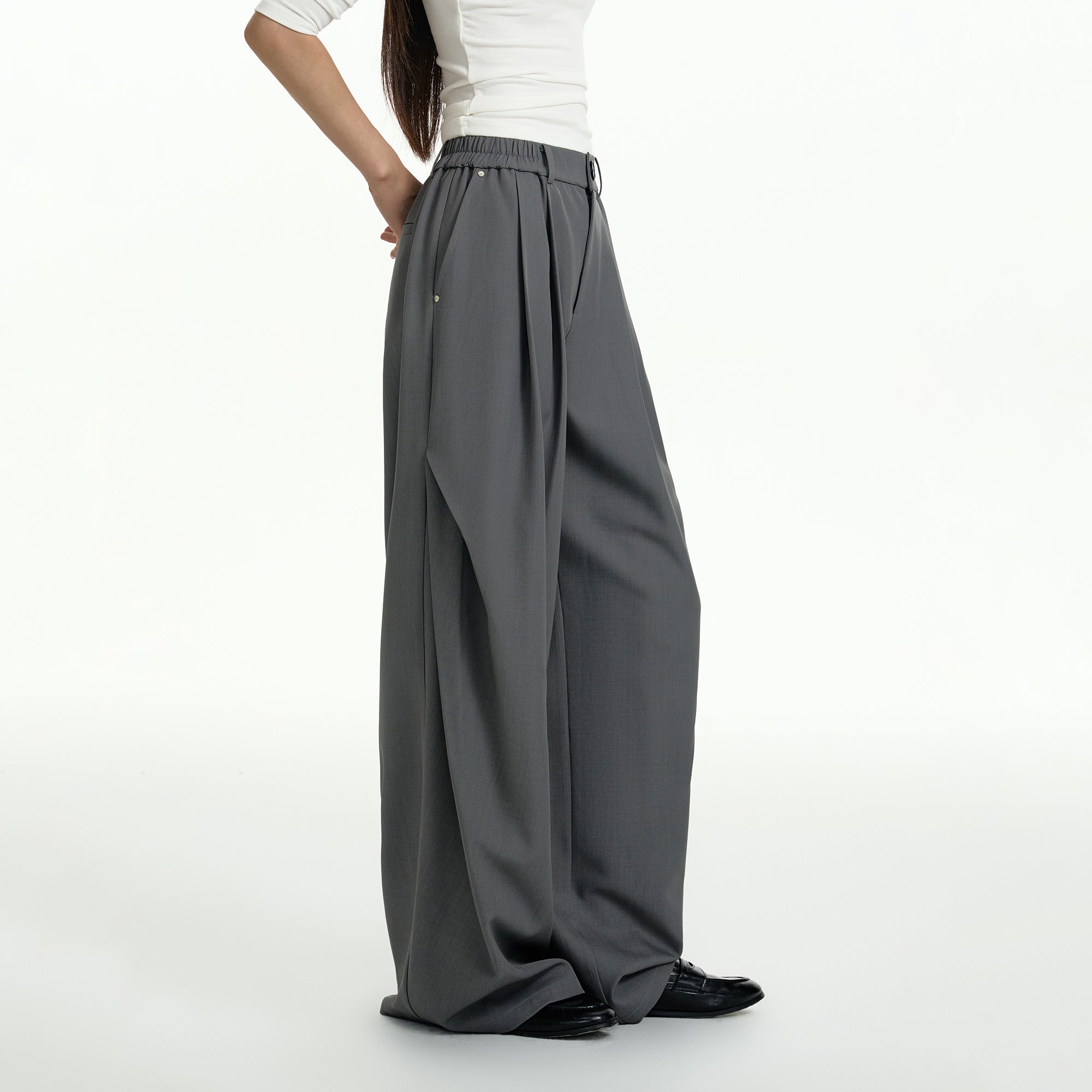 TGNS Elastic Waistband Pleated Wide-Leg Trousers