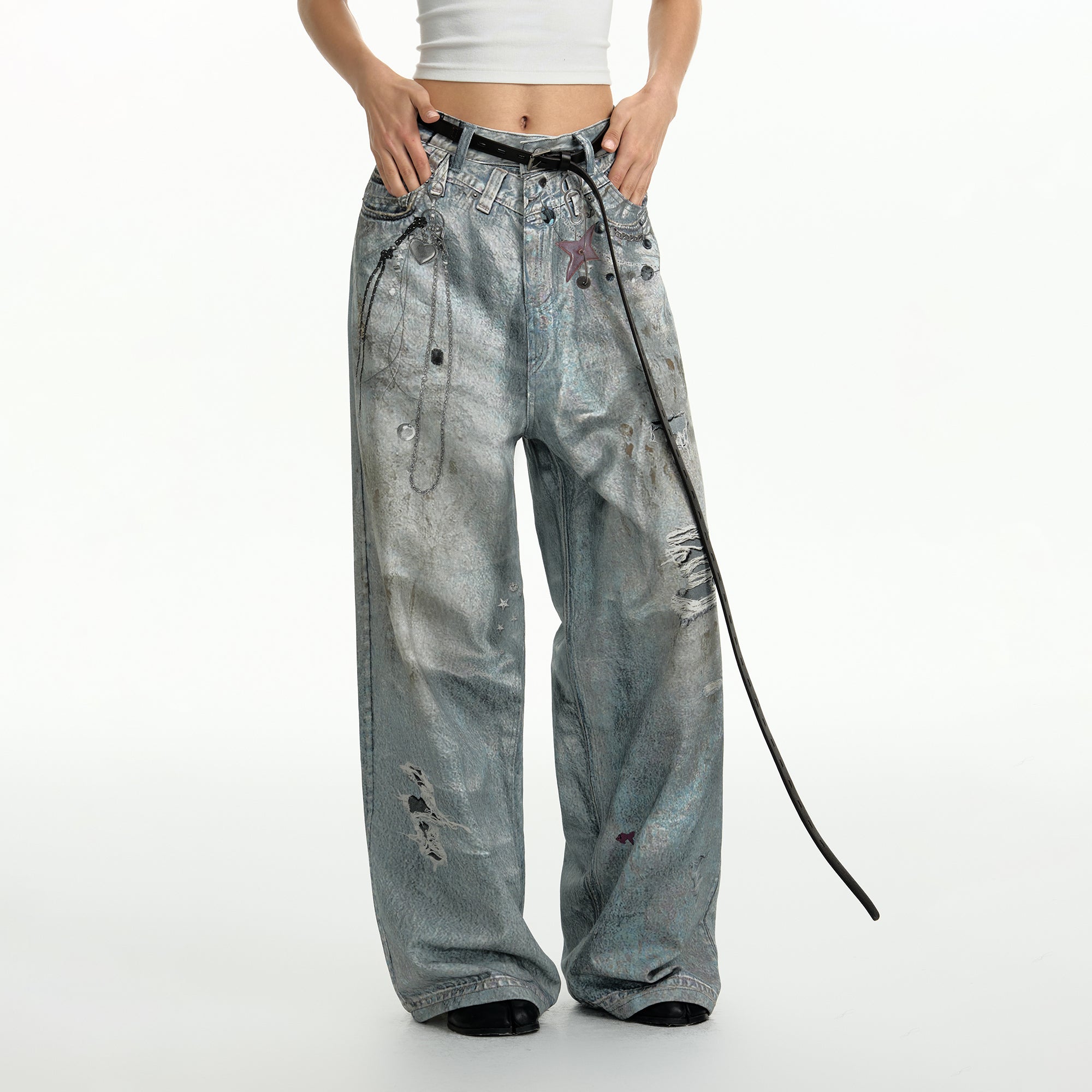 TGNS Beaded Graphic Distressed Oversized Jeans