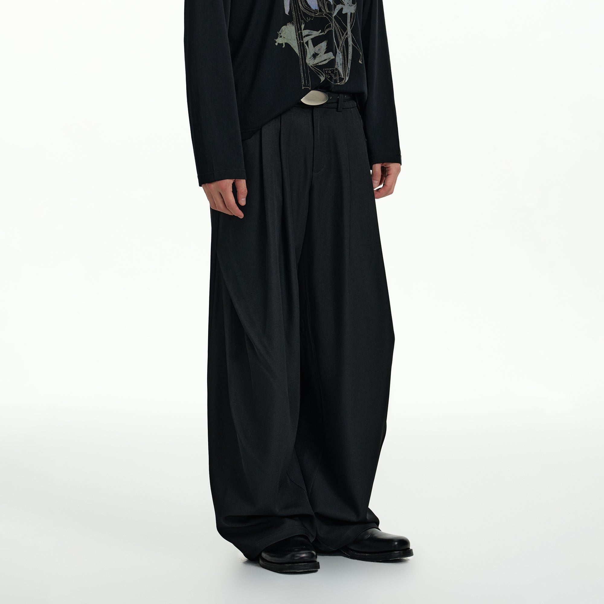 TGNS Elastic Waistband Pleated Wide-Leg Trousers