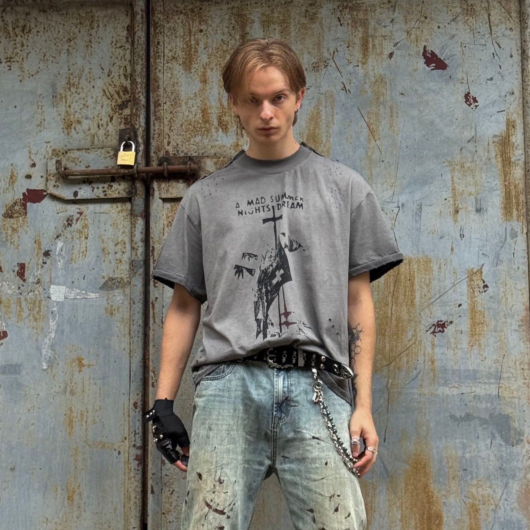 LUUUCAM A Mad Summer Night Dream Distressed Panel T-Shirt, premium urban and streetwear designers apparel on PROJECTISR.com, LUUUCAM