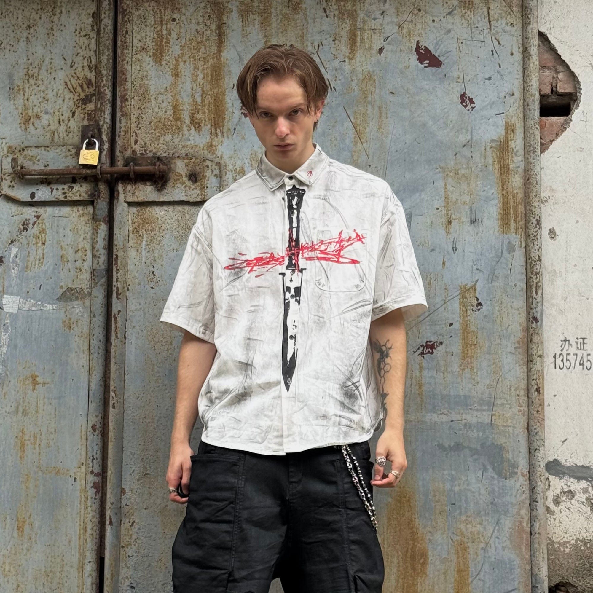 LUUUCAM Graffiti Blade Graphic Half Shirt, premium urban and streetwear designers apparel on PROJECTISR.com, LUUUCAM