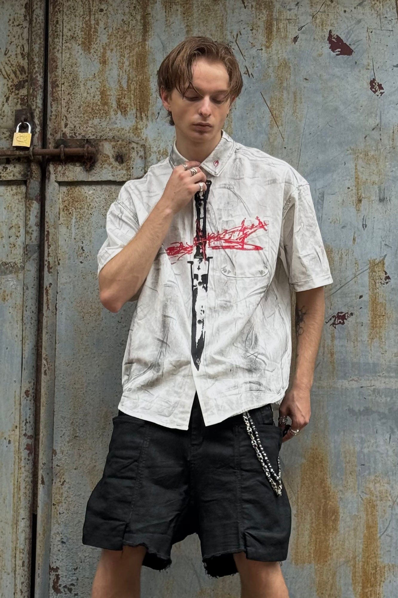 LUUUCAM Graffiti Blade Graphic Half Shirt, premium urban and streetwear designers apparel on PROJECTISR.com, LUUUCAM