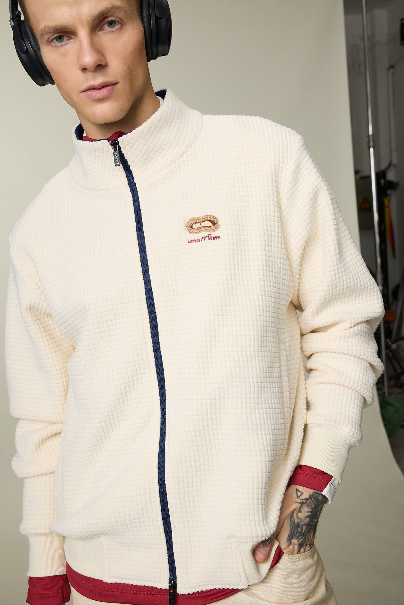 UMAMIISM Waffle Embroidered Fleece-Lined Jacket, premium urban and streetwear designers apparel on PROJECTISR.com, UMAMIISM