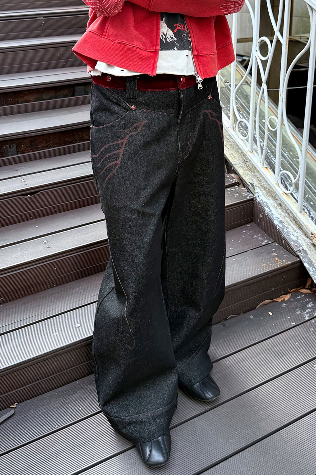 ESAIAS Vermilion Stitch Red Turquoise Curved Denim Pants, premium urban and streetwear designers apparel on PROJECTISR.com, ESAIAS