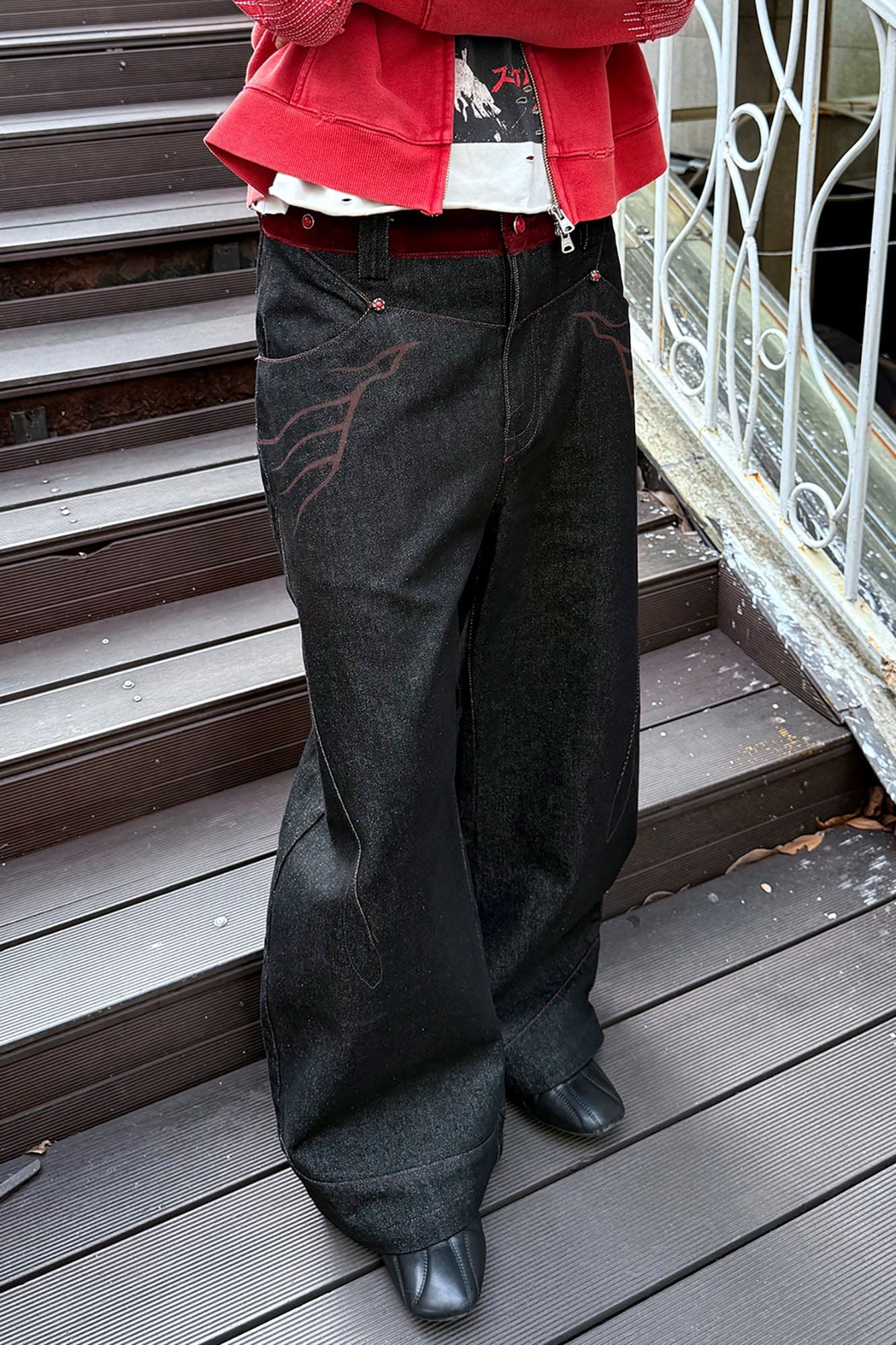 ESAIAS Vermilion Stitch Red Turquoise Curved Denim Pants, premium urban and streetwear designers apparel on PROJECTISR.com, ESAIAS