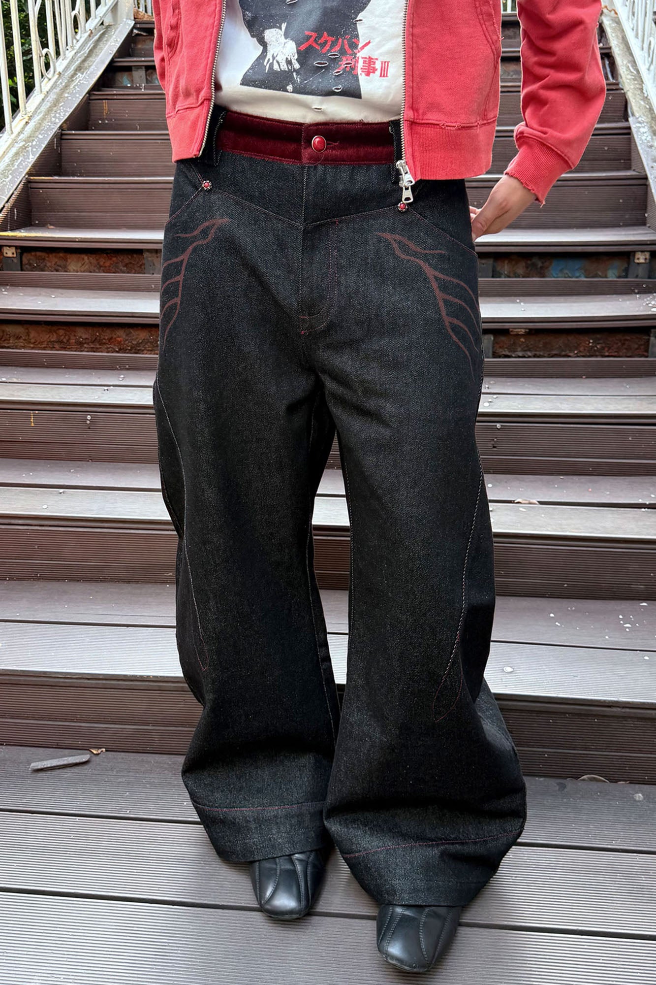 ESAIAS Vermilion Stitch Red Turquoise Curved Denim Pants, premium urban and streetwear designers apparel on PROJECTISR.com, ESAIAS