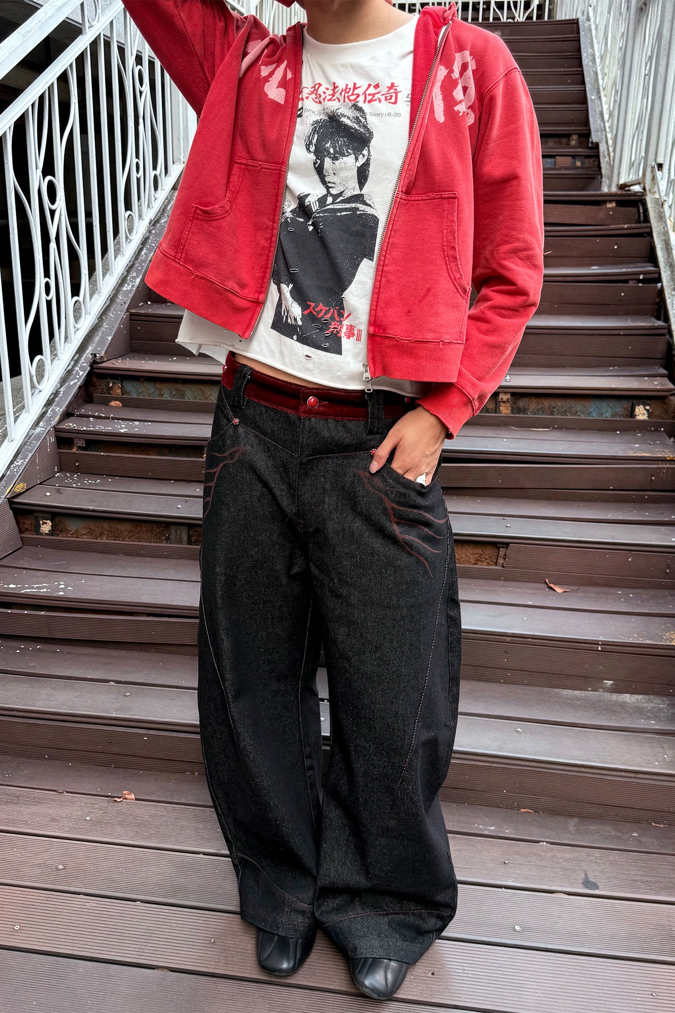 ESAIAS Vermilion Stitch Red Turquoise Curved Denim Pants, premium urban and streetwear designers apparel on PROJECTISR.com, ESAIAS