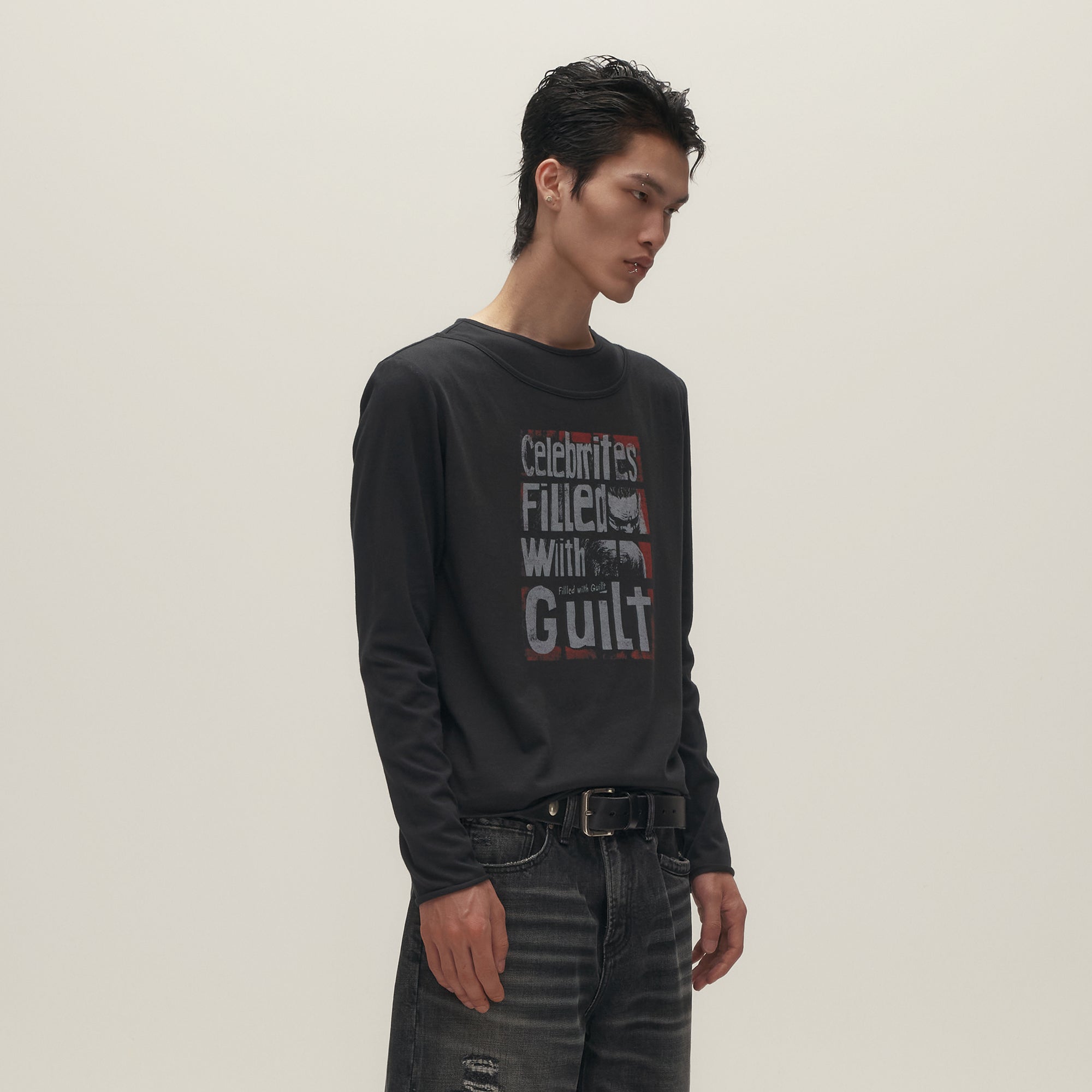 SAVAGEGROWTHWORLD Graphic Double-Layer Neckline Long-Sleeve Tee, premium urban and streetwear designers apparel on PROJECTISR.com, SAVAGEGROWTHWORLD
