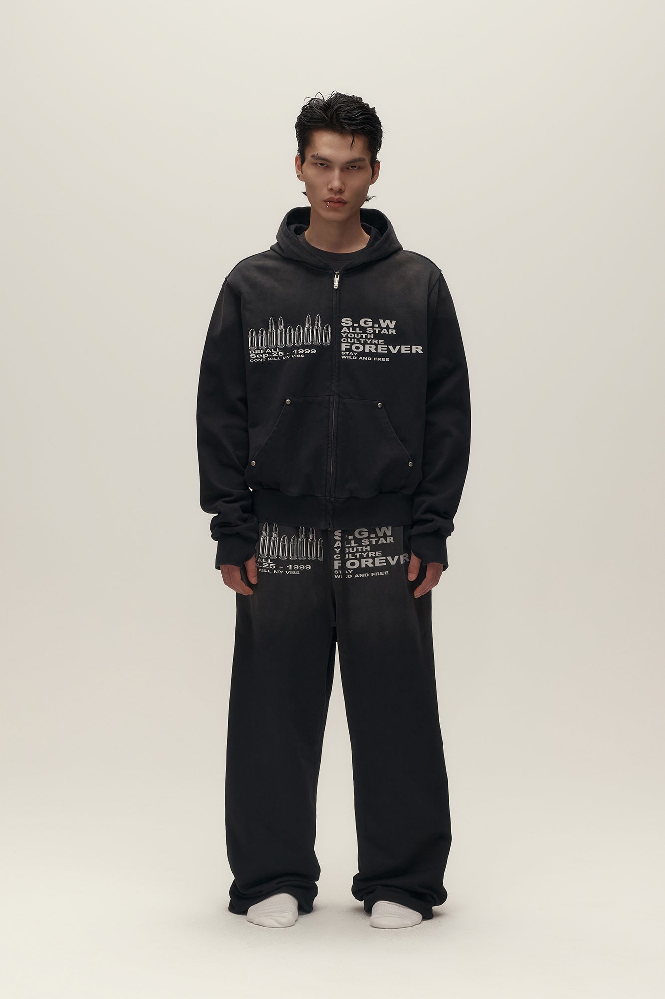 SAVAGEGROWTHWORLD Bullet Graphic Washed Wide-Leg Sweatpants, premium urban and streetwear designers apparel on PROJECTISR.com, SAVAGEGROWTHWORLD