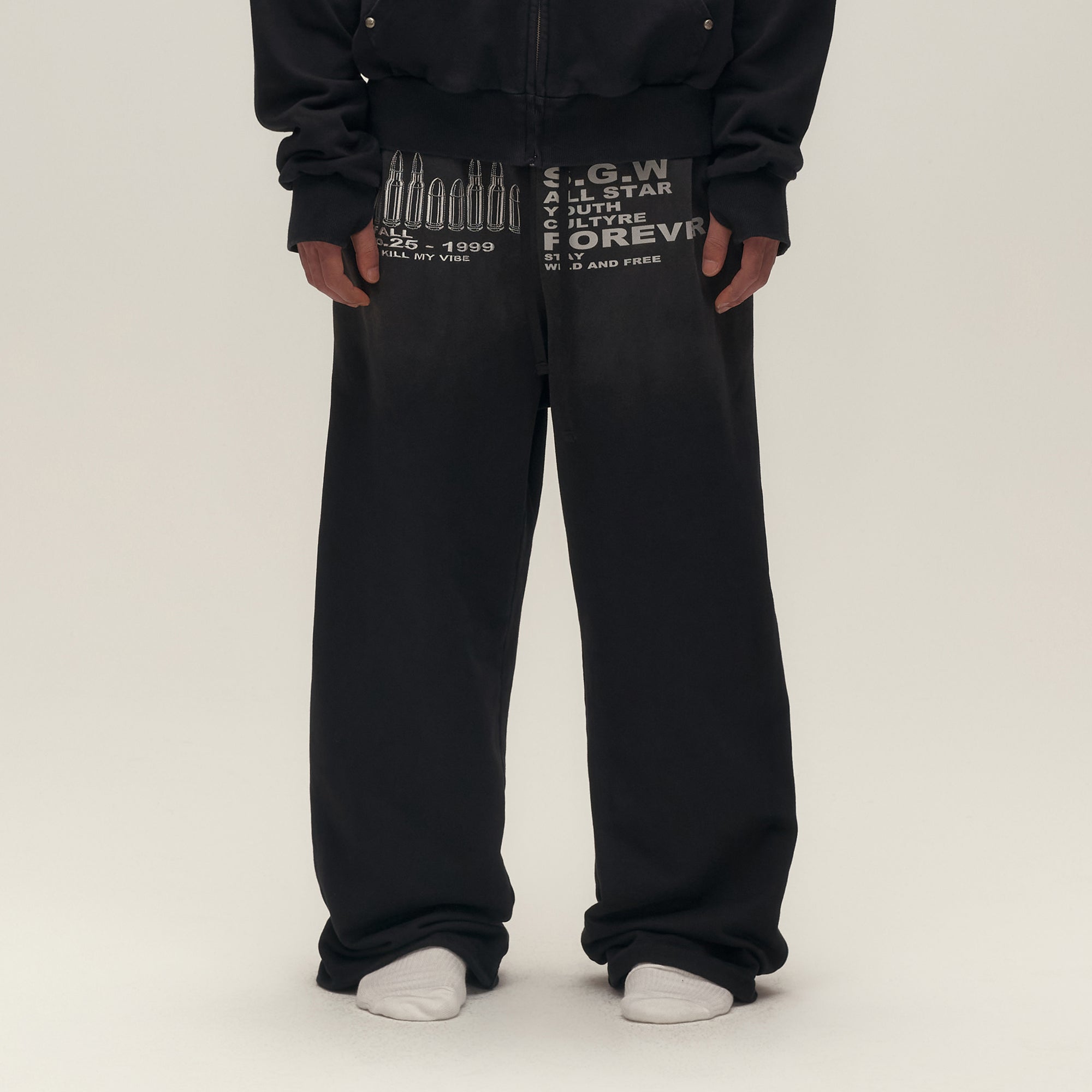 SAVAGEGROWTHWORLD Bullet Graphic Washed Wide-Leg Sweatpants, premium urban and streetwear designers apparel on PROJECTISR.com, SAVAGEGROWTHWORLD