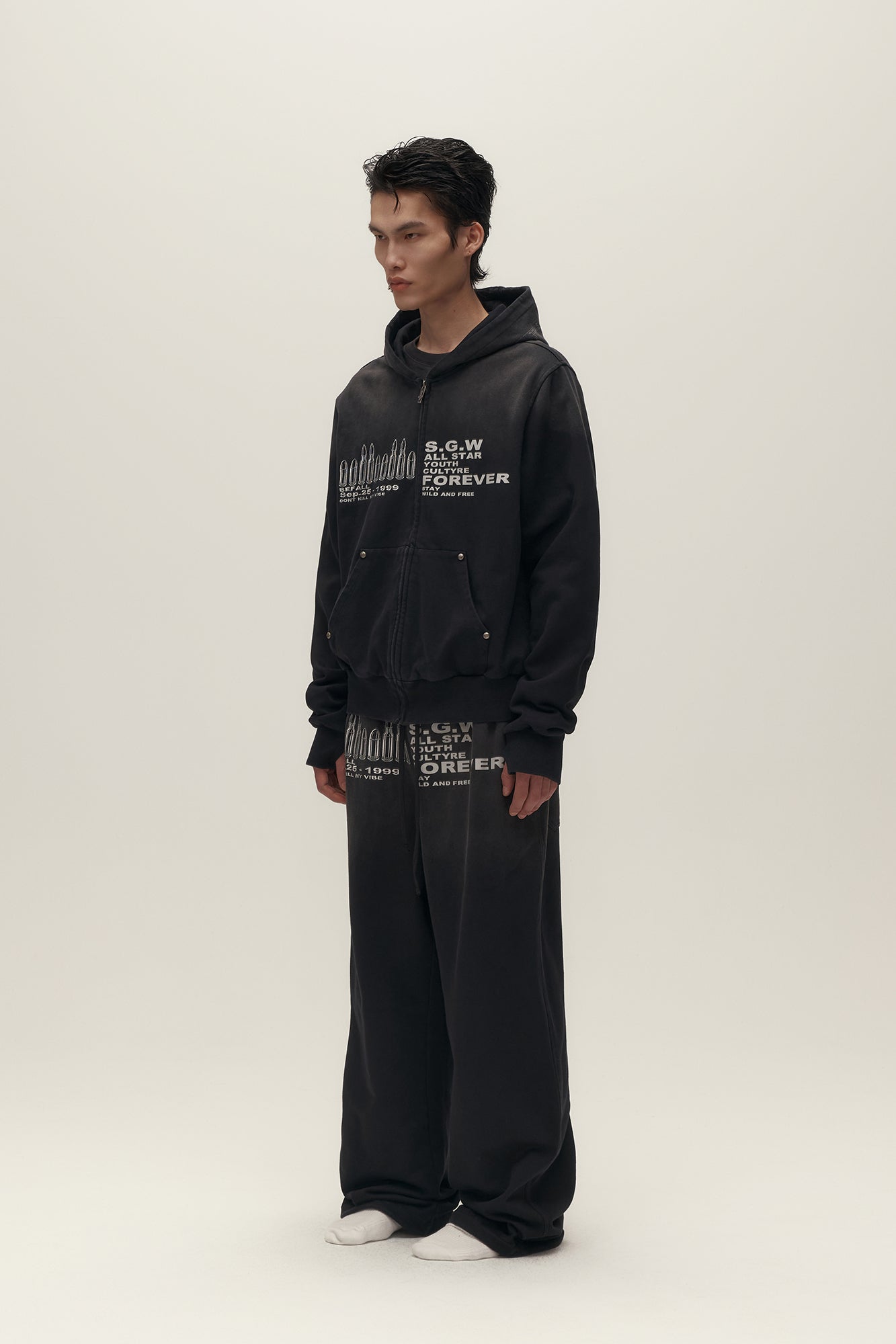 SAVAGEGROWTHWORLD Bullet Graphic Washed Wide-Leg Sweatpants, premium urban and streetwear designers apparel on PROJECTISR.com, SAVAGEGROWTHWORLD