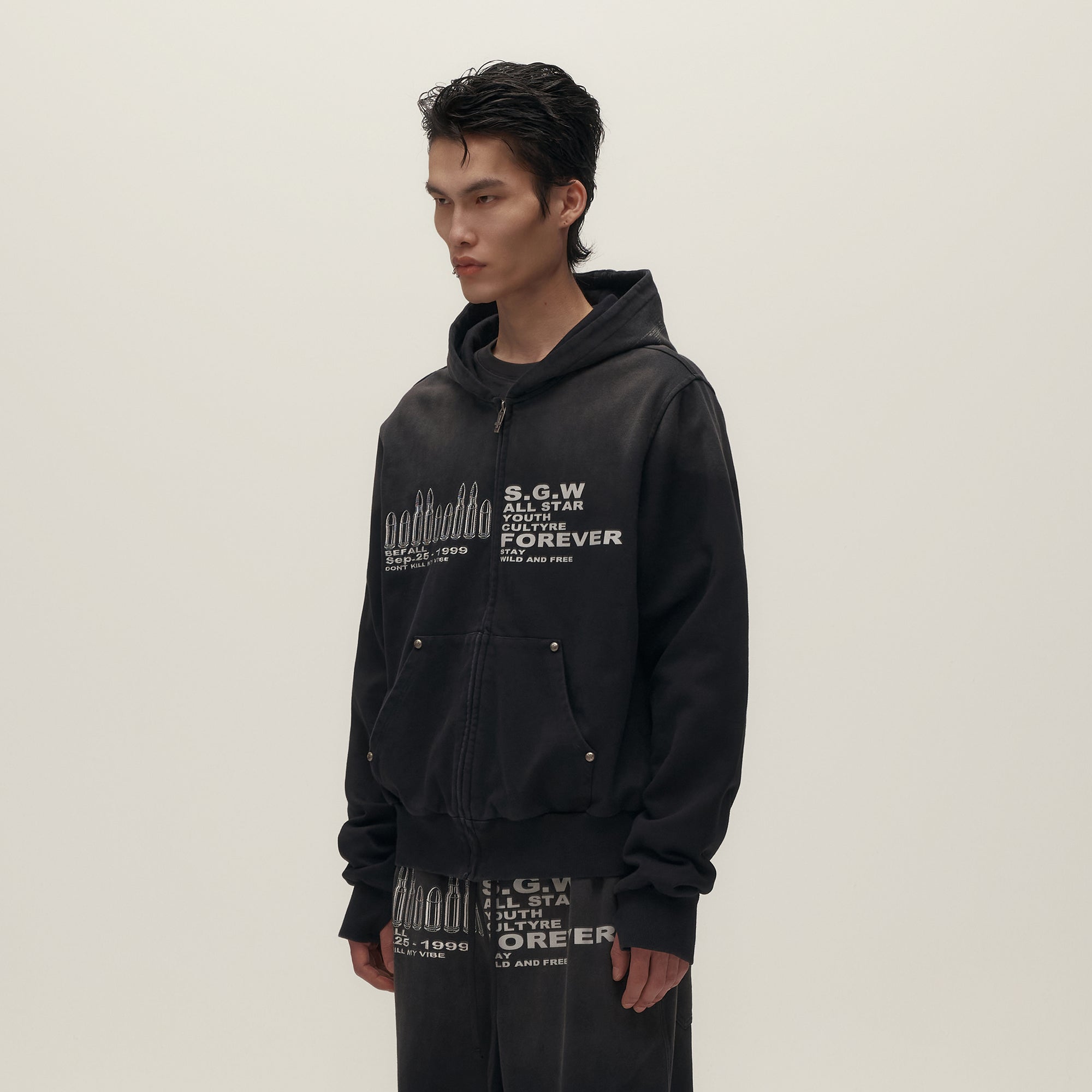 SAVAGEGROWTHWORLD Bullet Hole Graphic Washed Zip-Up Hoodie, premium urban and streetwear designers apparel on PROJECTISR.com, SAVAGEGROWTHWORLD
