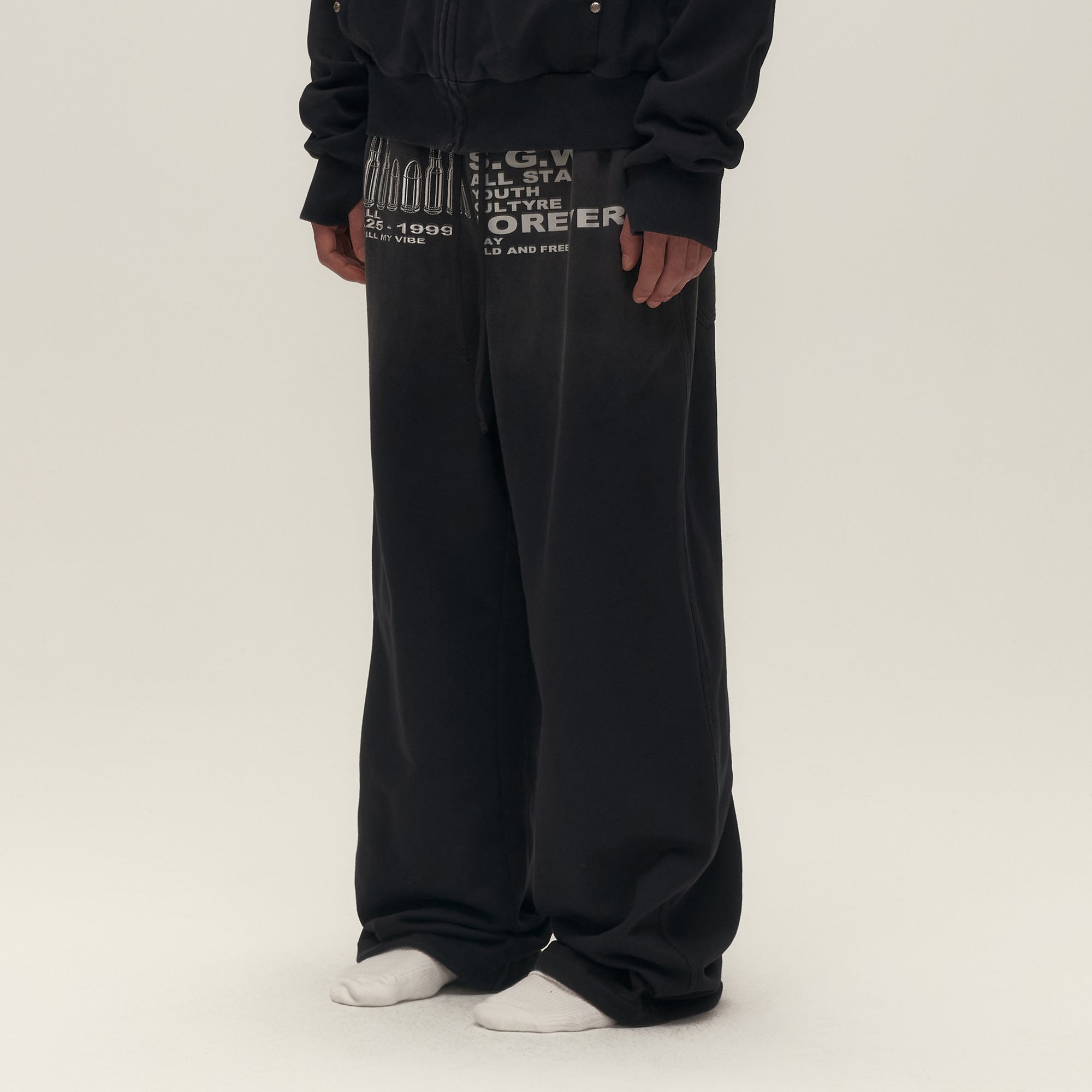 SAVAGEGROWTHWORLD Bullet Graphic Washed Wide-Leg Sweatpants, premium urban and streetwear designers apparel on PROJECTISR.com, SAVAGEGROWTHWORLD