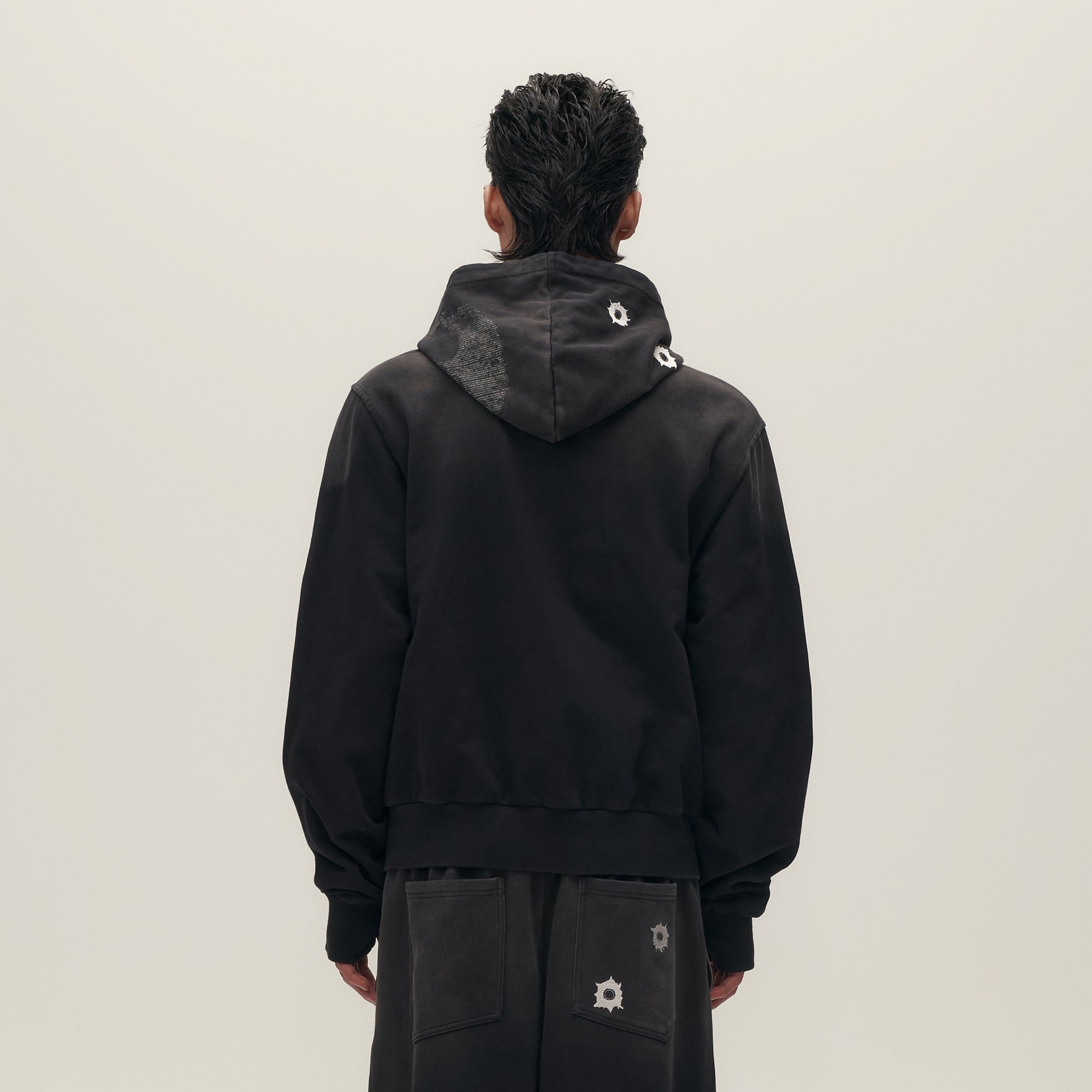 SAVAGEGROWTHWORLD Bullet Hole Graphic Washed Zip-Up Hoodie, premium urban and streetwear designers apparel on PROJECTISR.com, SAVAGEGROWTHWORLD