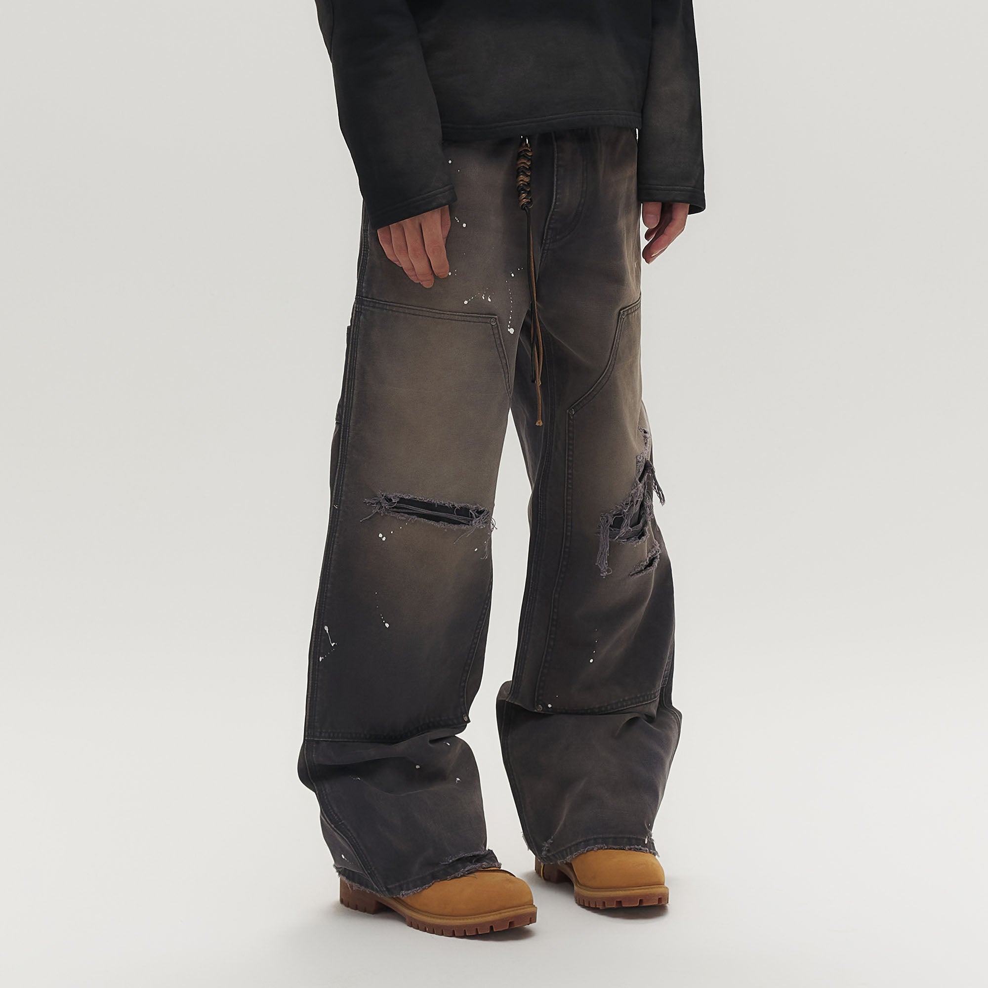 SAVAGEGROWTHWORLD Distressed Double-Knee Splatter Jeans, premium urban and streetwear designers apparel on PROJECTISR.com, SAVAGEGROWTHWORLD