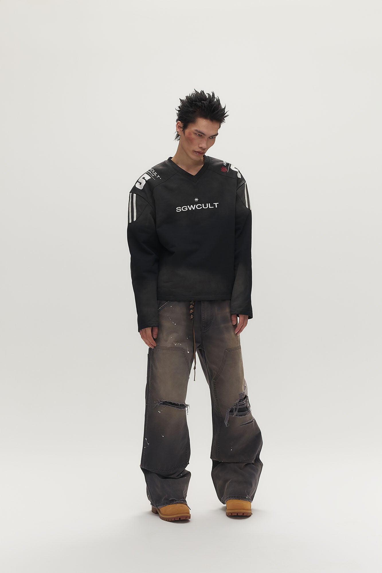 SAVAGEGROWTHWORLD Distressed Double-Knee Splatter Jeans, premium urban and streetwear designers apparel on PROJECTISR.com, SAVAGEGROWTHWORLD