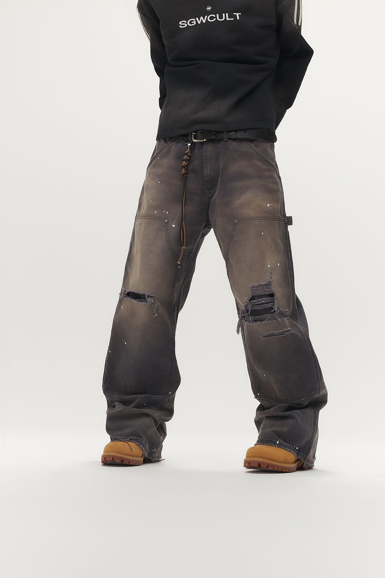 SAVAGEGROWTHWORLD Distressed Double-Knee Splatter Jeans, premium urban and streetwear designers apparel on PROJECTISR.com, SAVAGEGROWTHWORLD