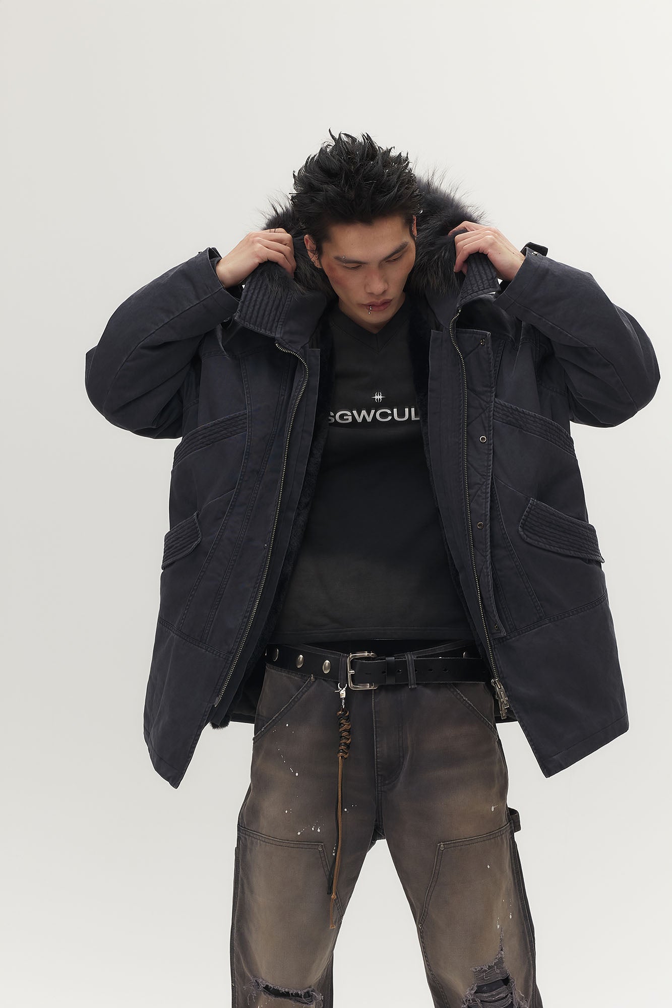 SAVAGEGROWTHWORLD Detachable Vest Faux Fur Collar Parka
