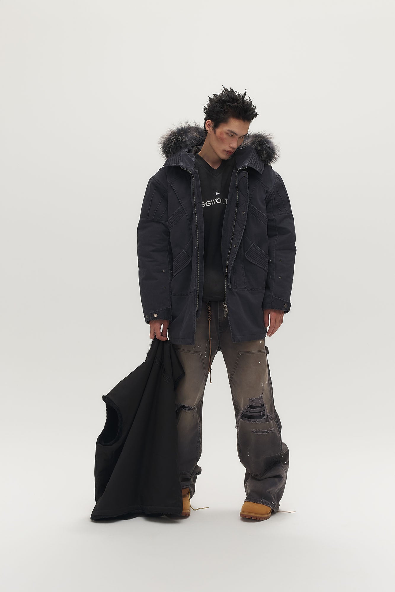 SAVAGEGROWTHWORLD Detachable Vest Faux Fur Collar Parka