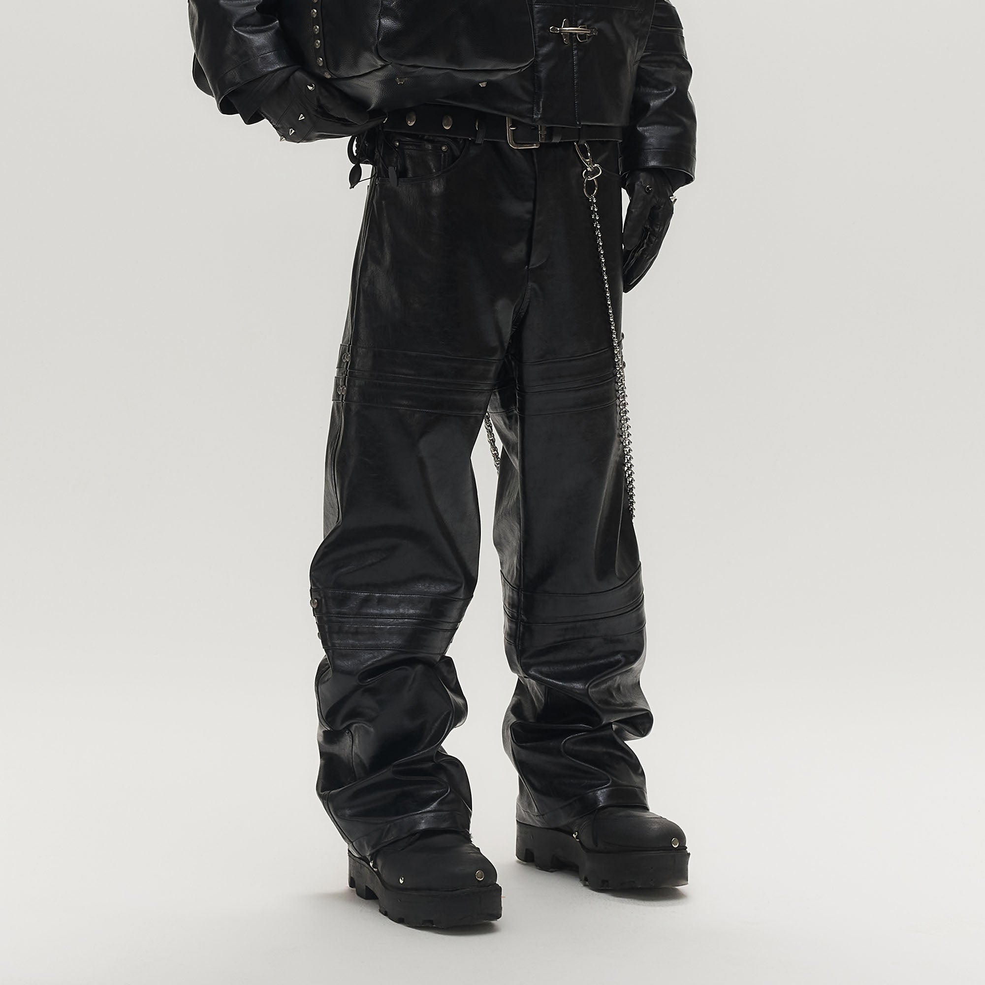 SAVAGEGROWTHWORLD Faux Leather Panel Rivet Pants