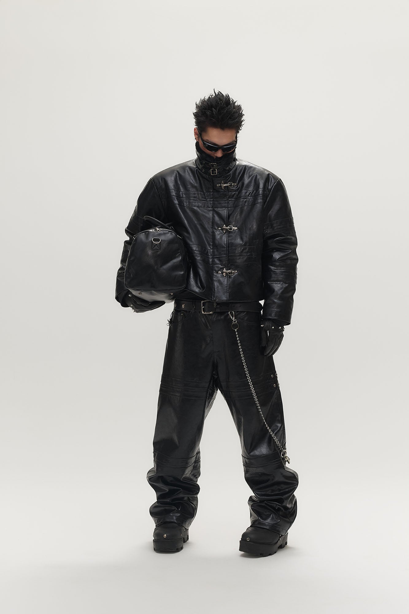 SAVAGEGROWTHWORLD Hook Buckle Faux Leather Puffer Jacket