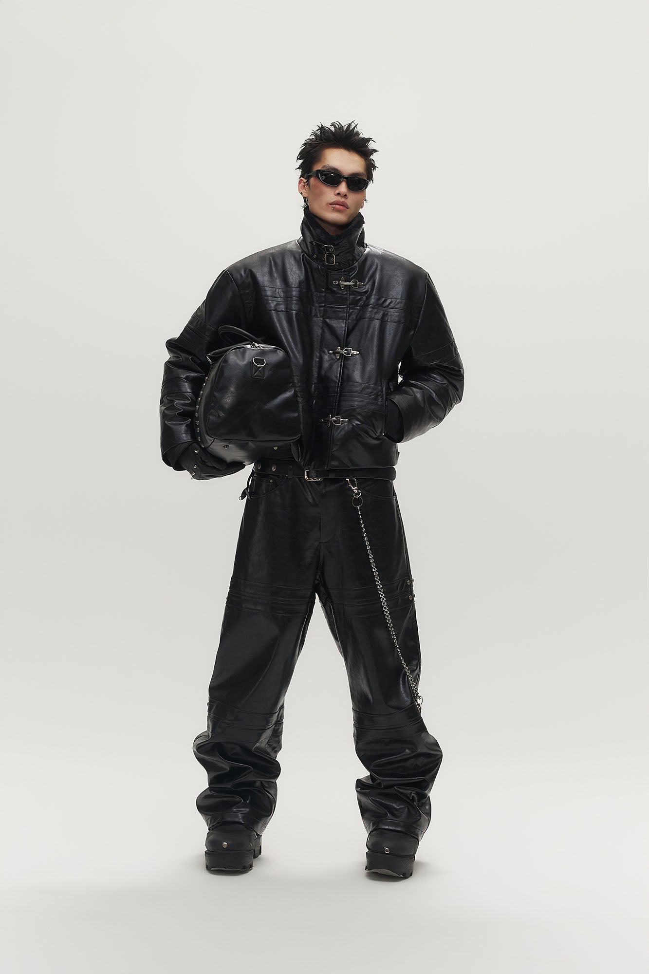 SAVAGEGROWTHWORLD Hook Buckle Faux Leather Puffer Jacket