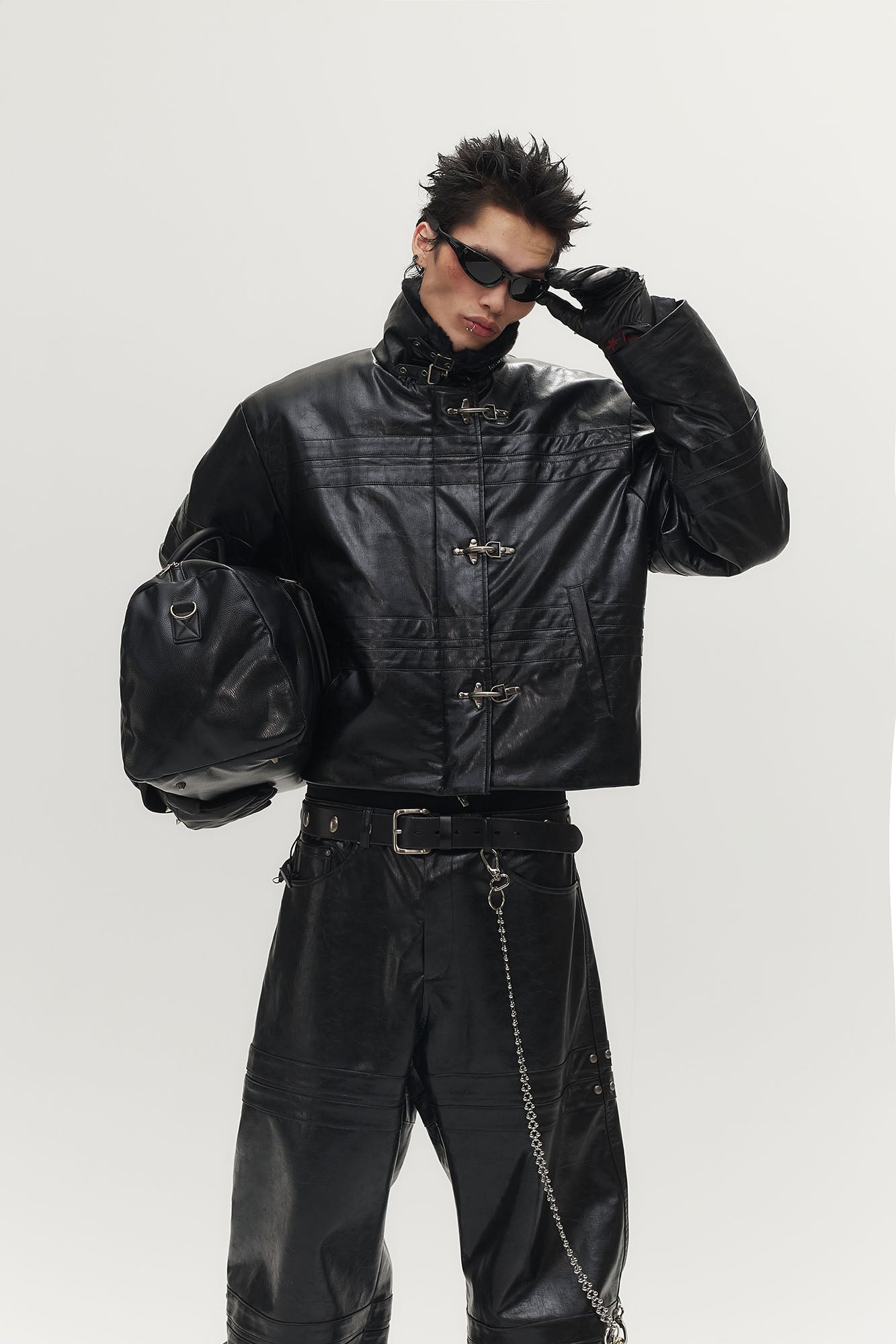 SAVAGEGROWTHWORLD Hook Buckle Faux Leather Puffer Jacket