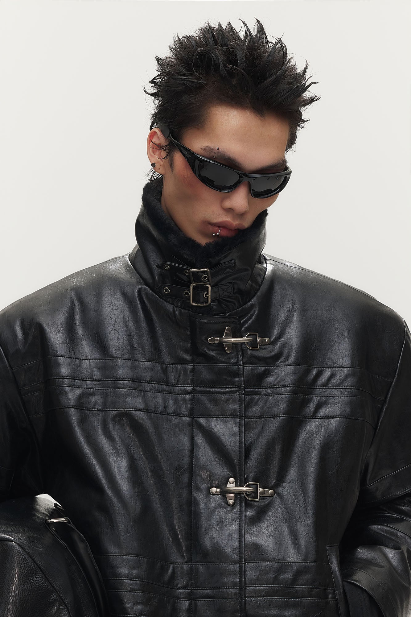 SAVAGEGROWTHWORLD Hook Buckle Faux Leather Puffer Jacket