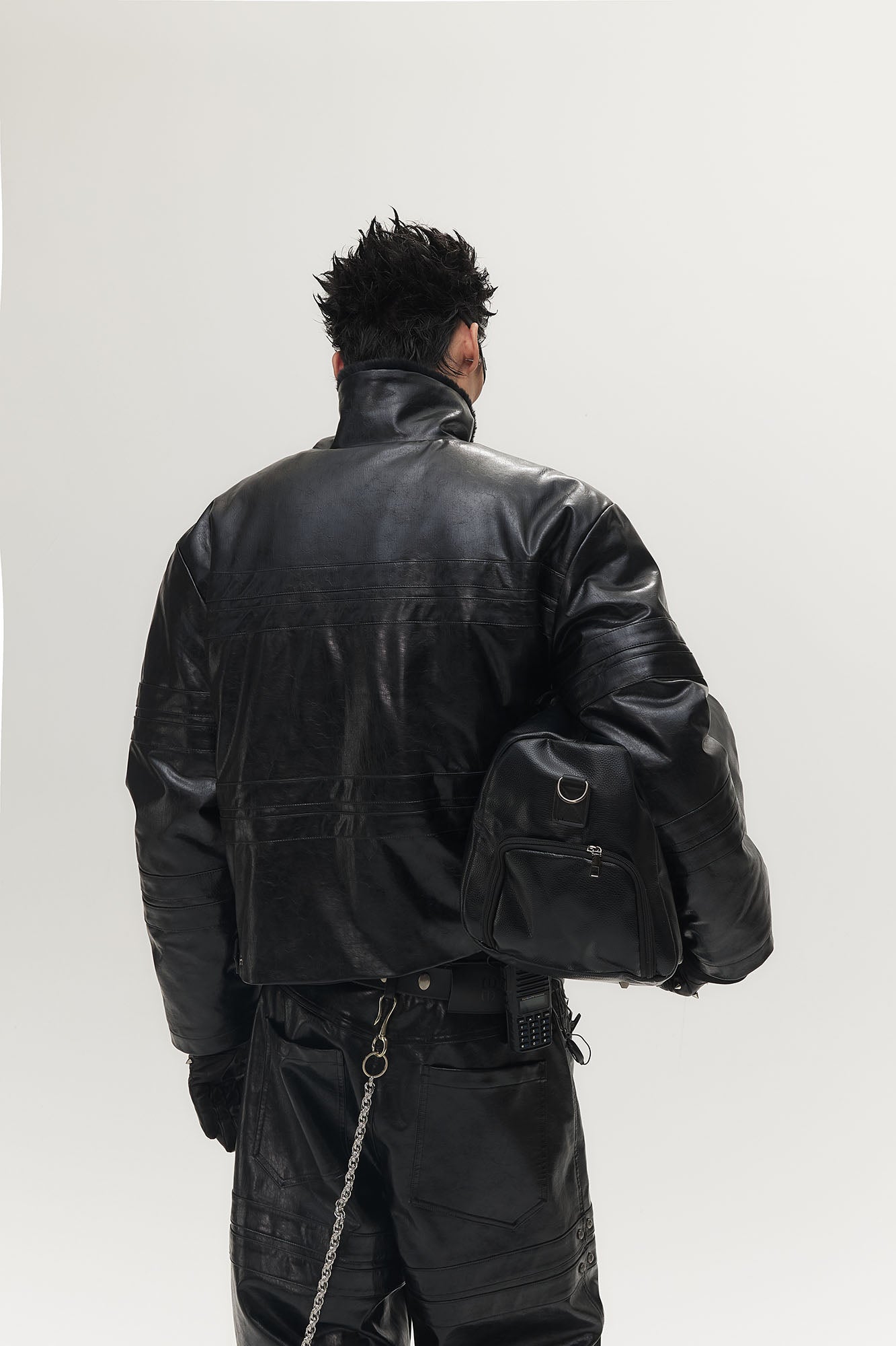 SAVAGEGROWTHWORLD Hook Buckle Faux Leather Puffer Jacket