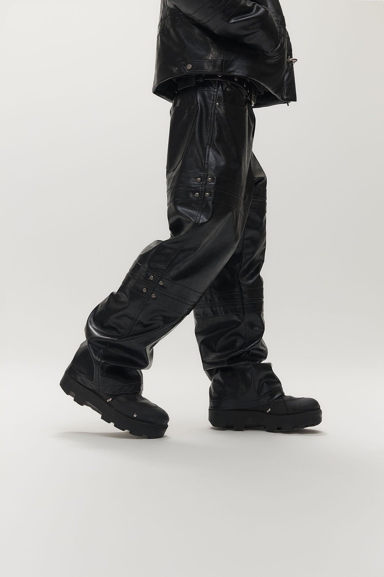 SAVAGEGROWTHWORLD Faux Leather Panel Rivet Pants