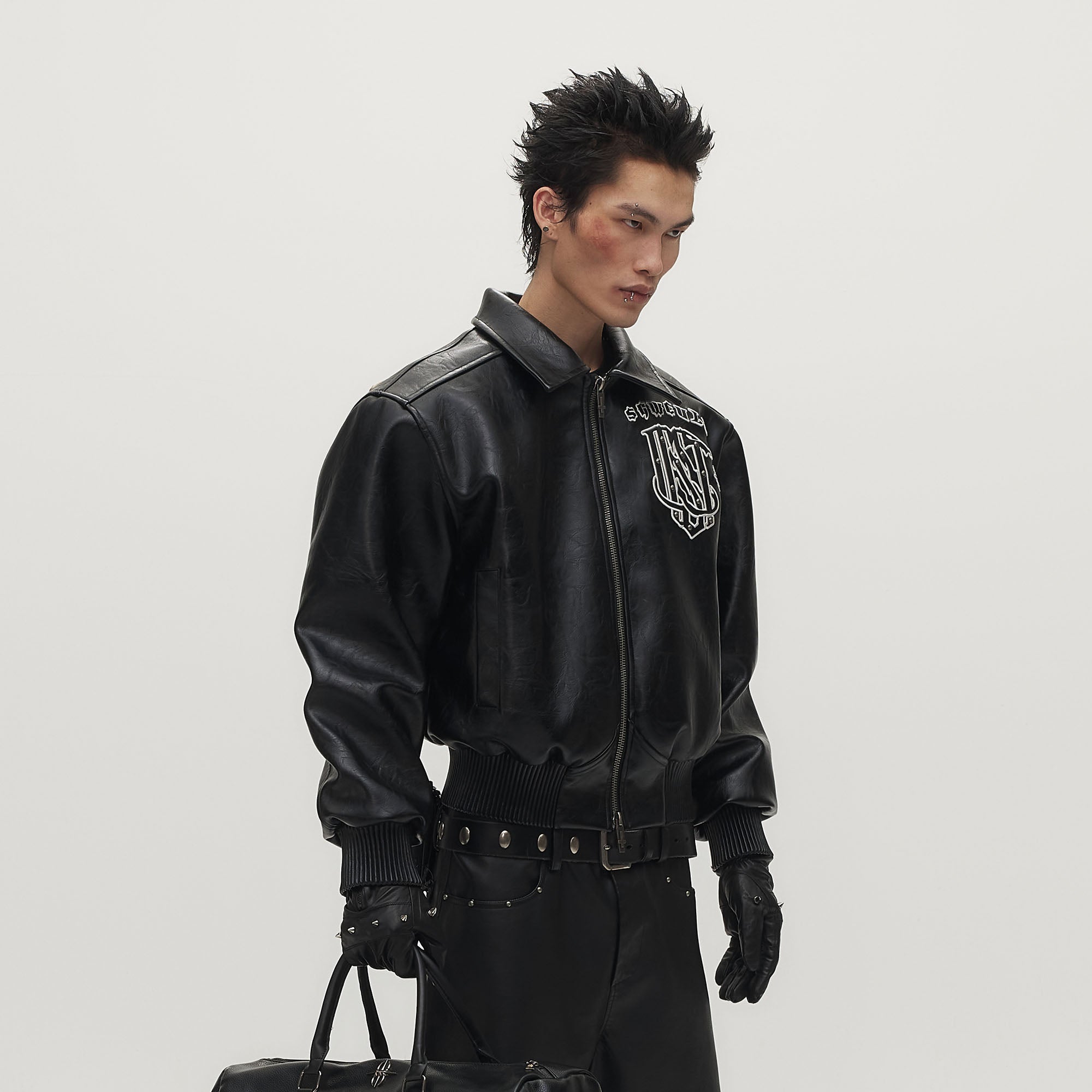 SAVAGEGROWTHWORLD No.05 Patch Faux Leather Studded Moto Jacket