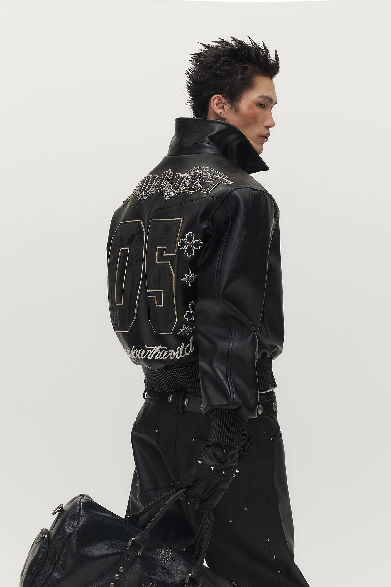 SAVAGEGROWTHWORLD No.05 Patch Faux Leather Studded Moto Jacket