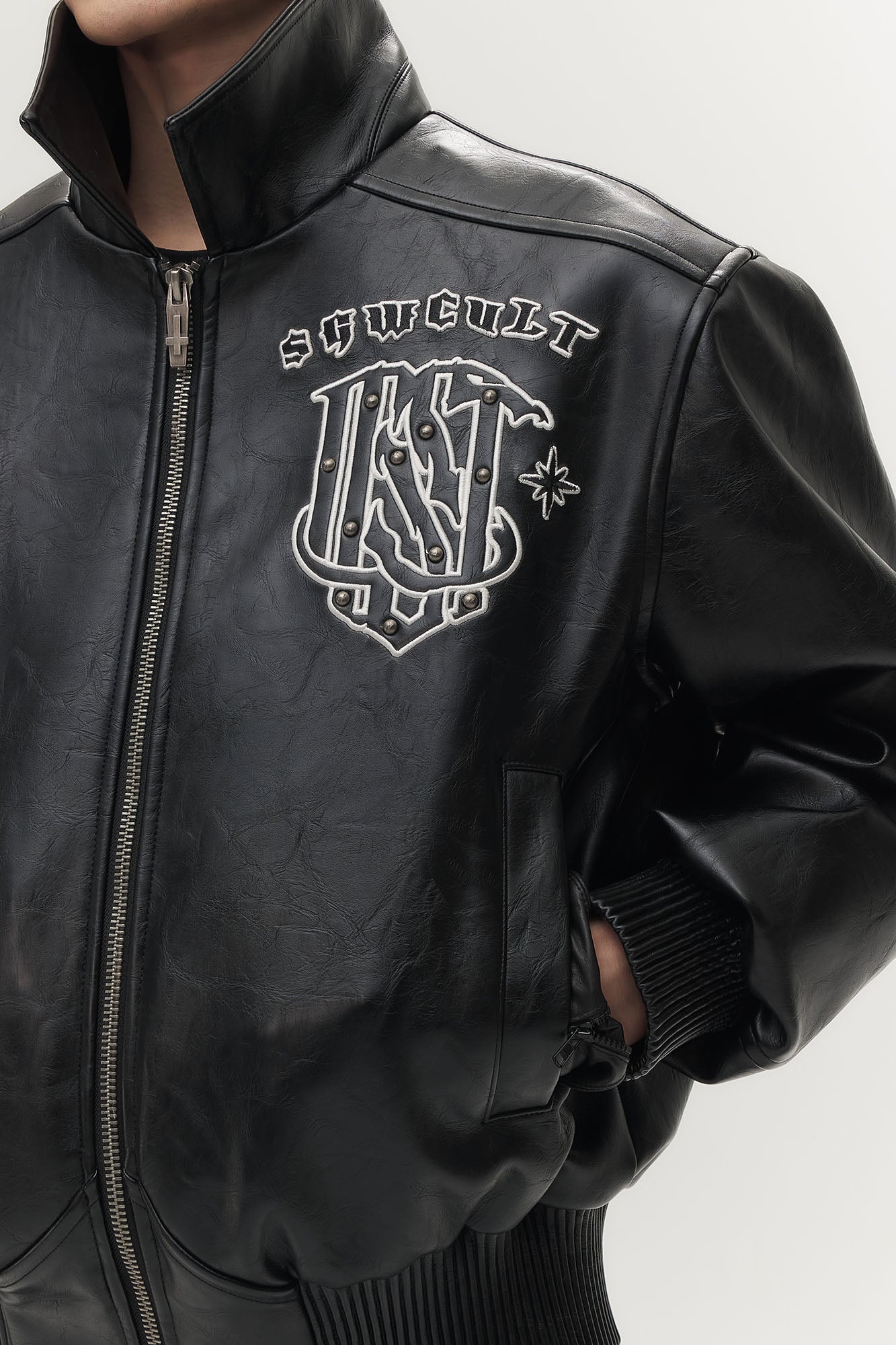 SAVAGEGROWTHWORLD No.05 Patch Faux Leather Studded Moto Jacket