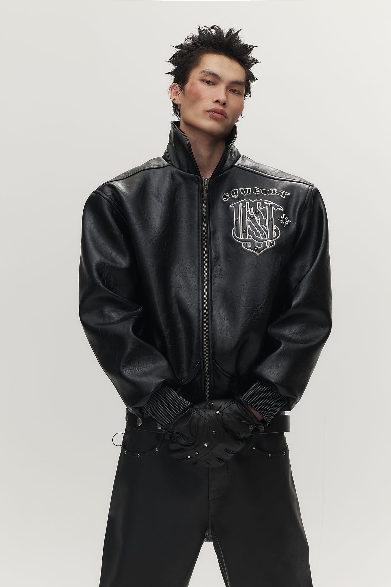 SAVAGEGROWTHWORLD No.05 Patch Faux Leather Studded Moto Jacket