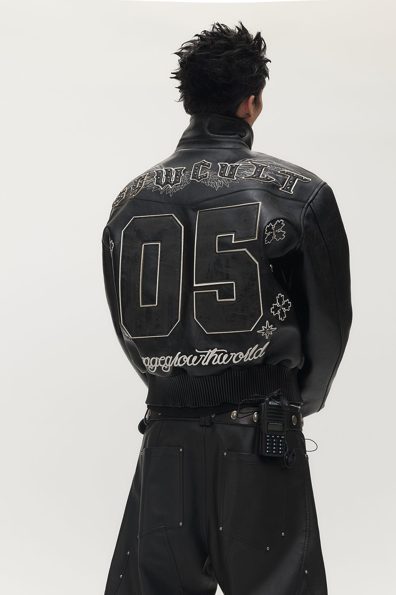 SAVAGEGROWTHWORLD No.05 Patch Faux Leather Studded Moto Jacket