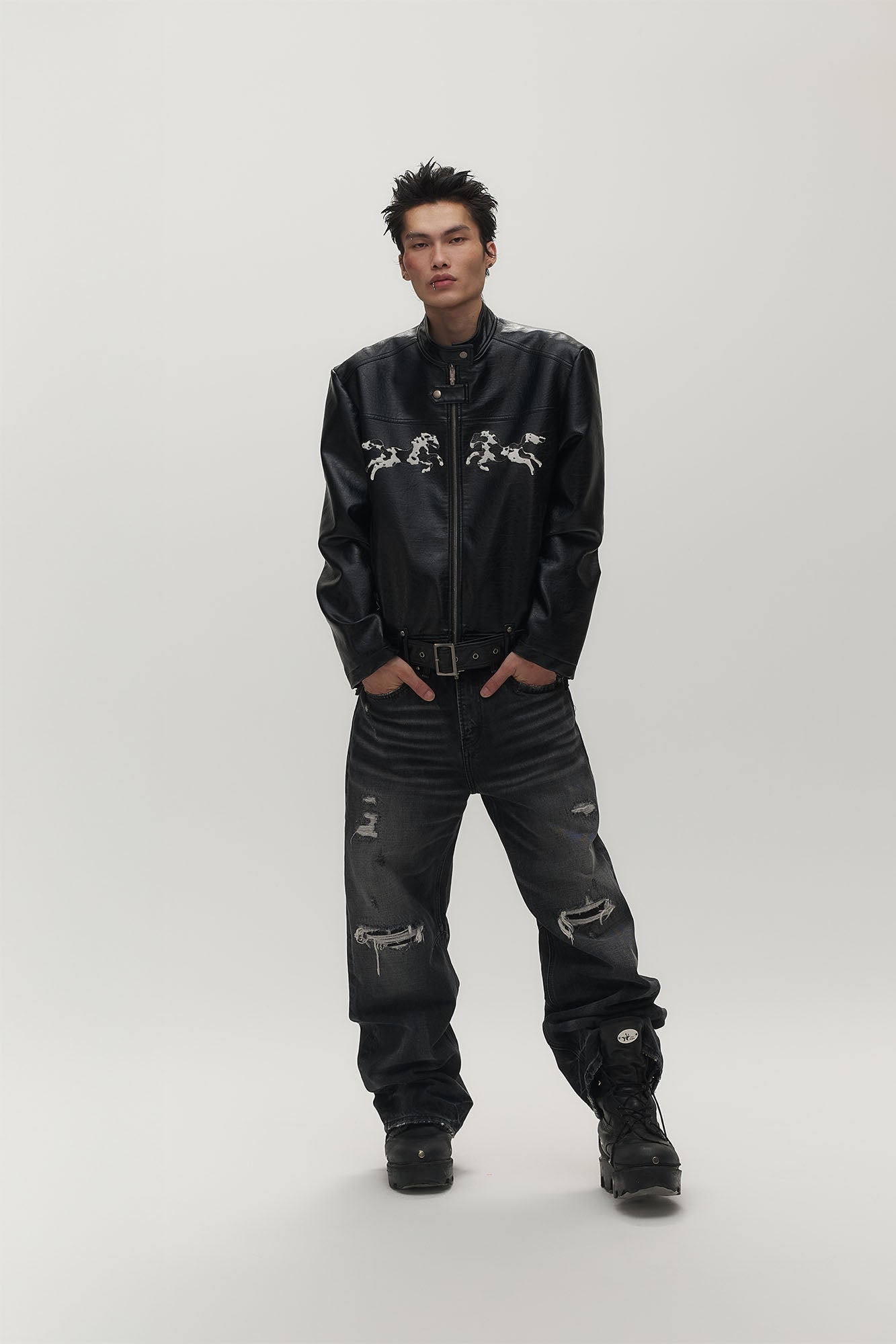 SAVAGEGROWTHWORLD Horse Patch Faux Leather Moto Jacket