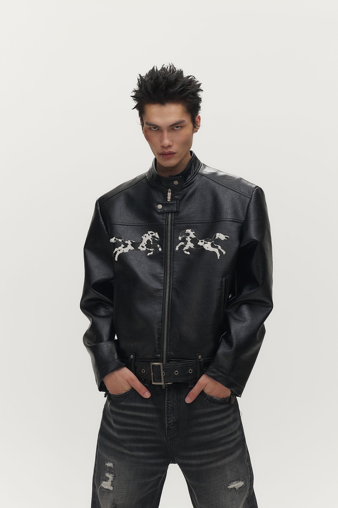 SAVAGEGROWTHWORLD Horse Patch Faux Leather Moto Jacket