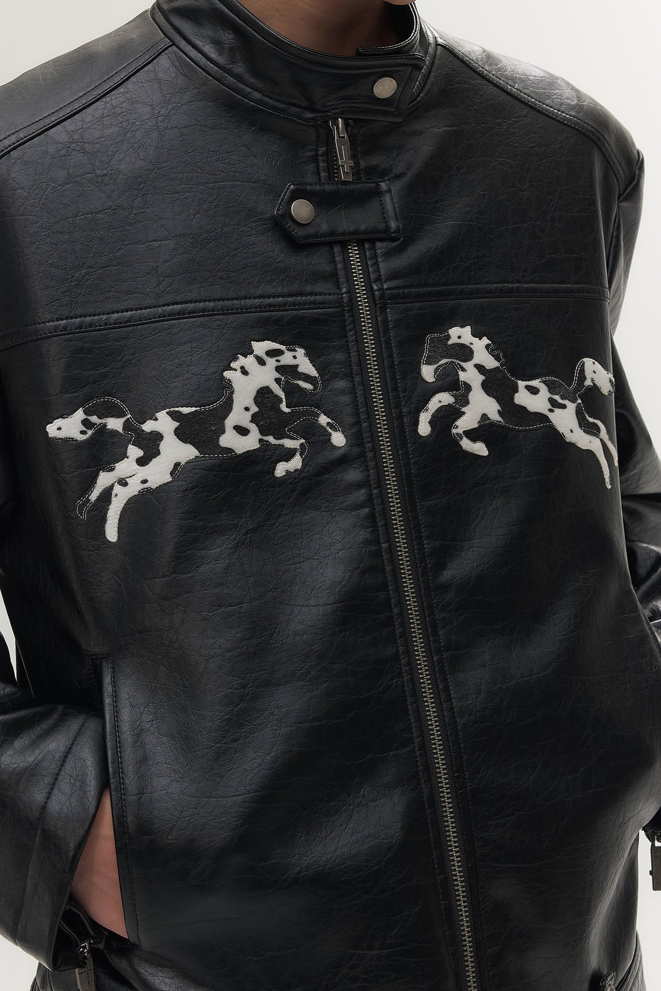 SAVAGEGROWTHWORLD Horse Patch Faux Leather Moto Jacket